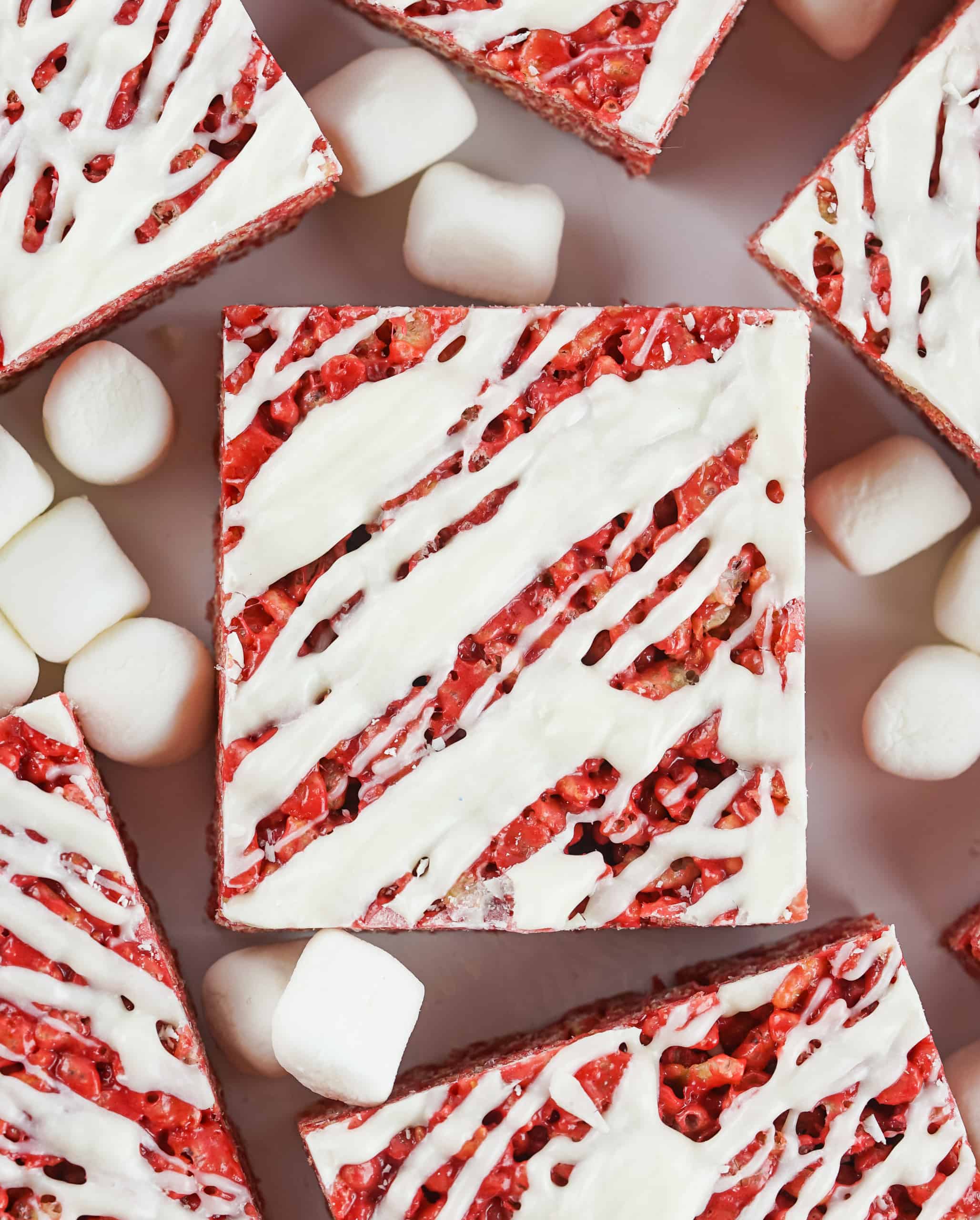 Overhead view of red velvet treat woith white chocolate drizzle.