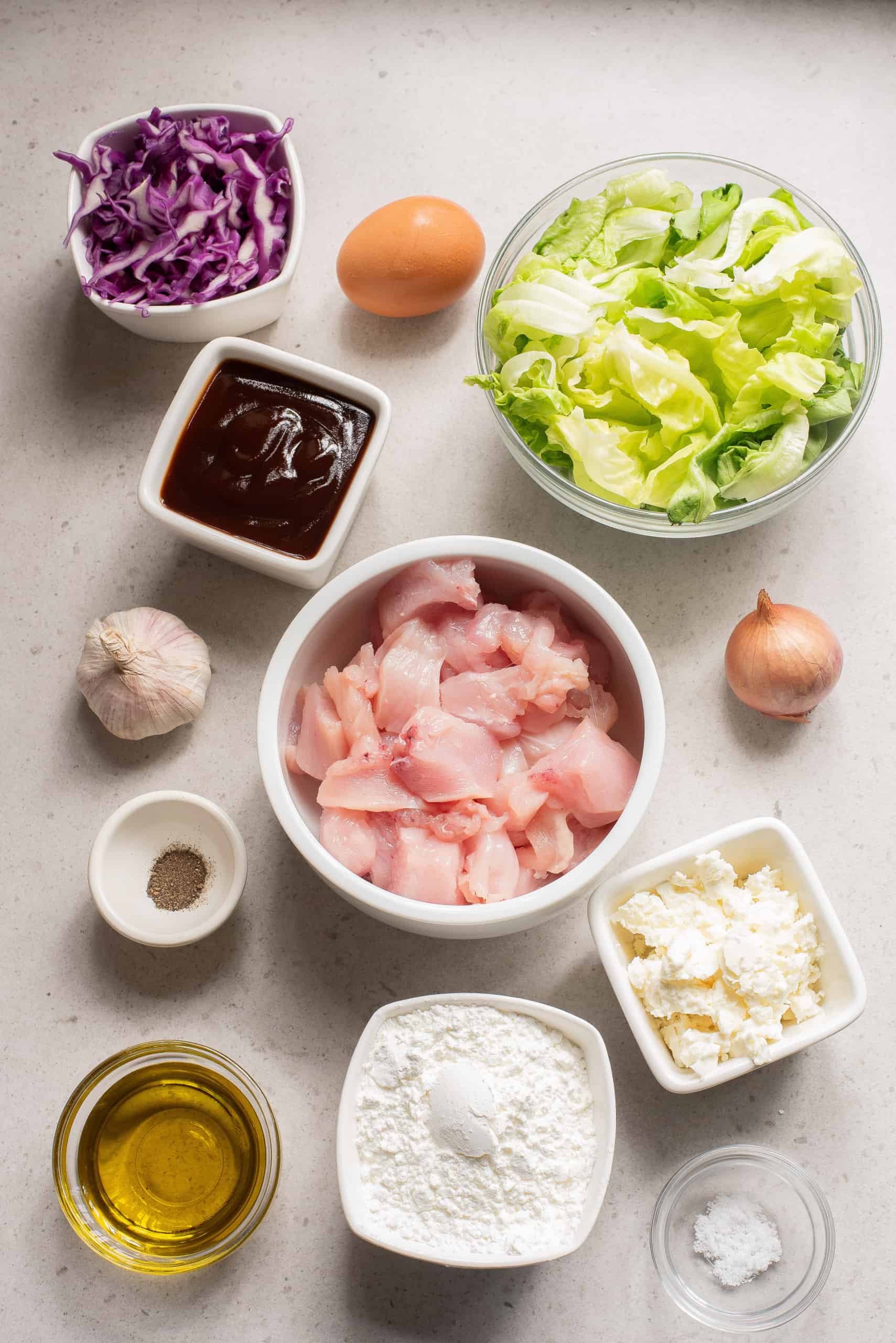 Overhead view on BQ Chicken Salad ingredients.