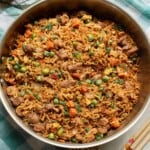 Overhead view of fried rice with pork.
