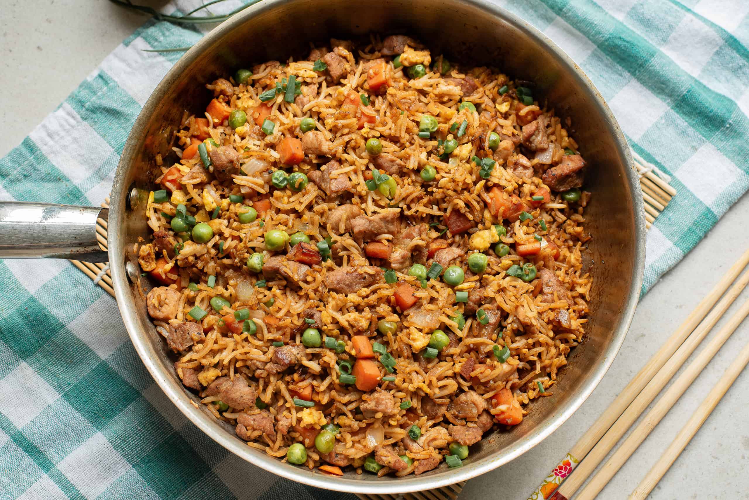 Overhead view of fried rice with pork.