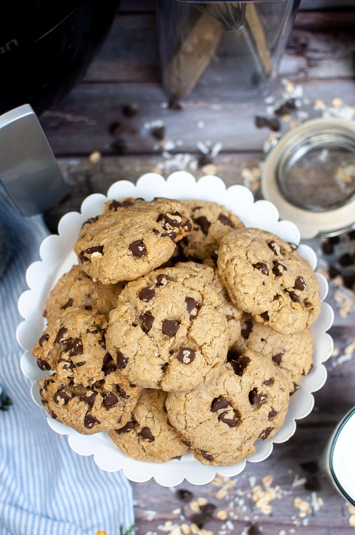 Overhead view of air fryer oatmeal cookies.