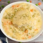 Overhead view of chicken and dumplings.