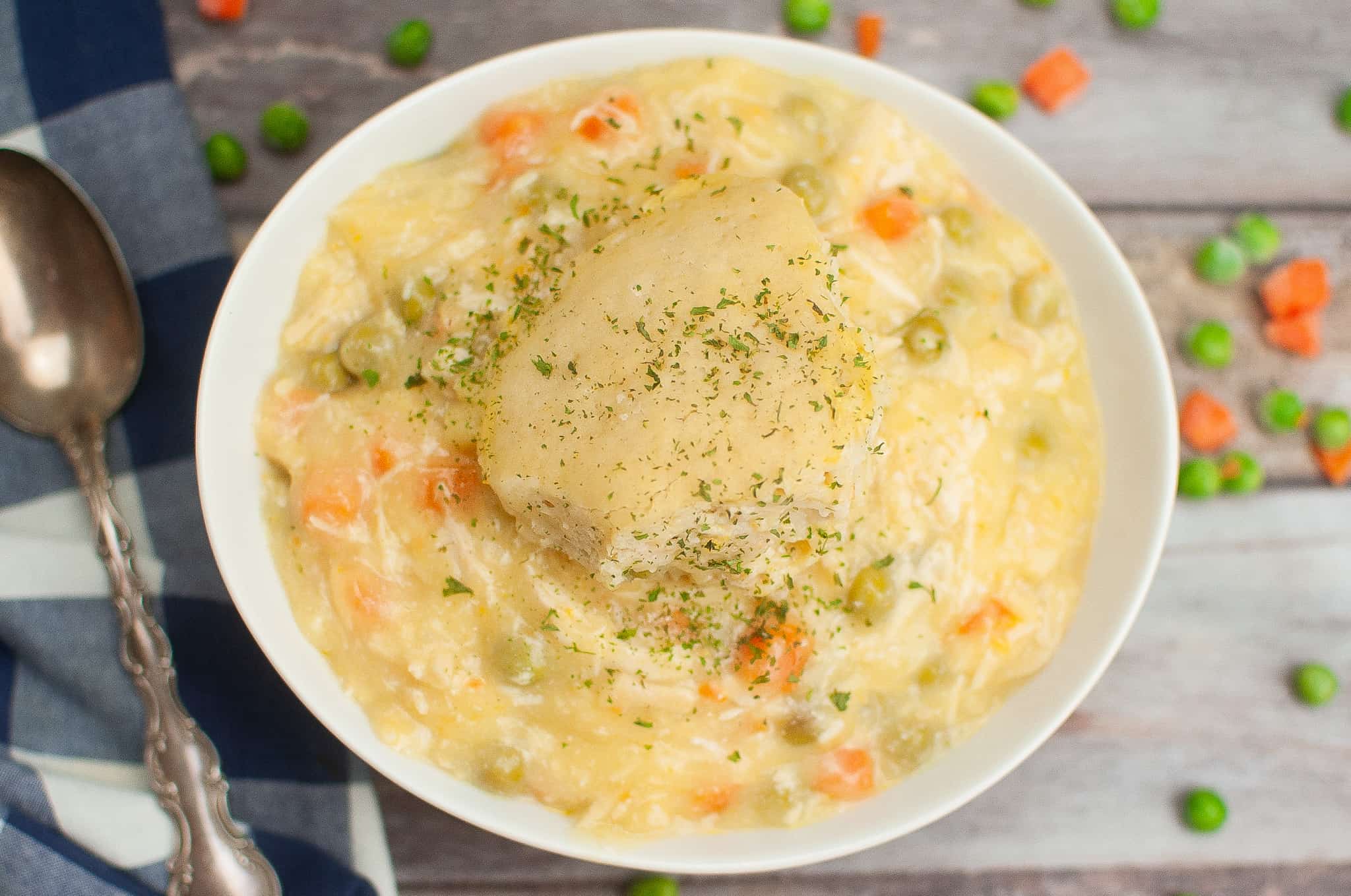 Overhead view of chicken and dumplings.