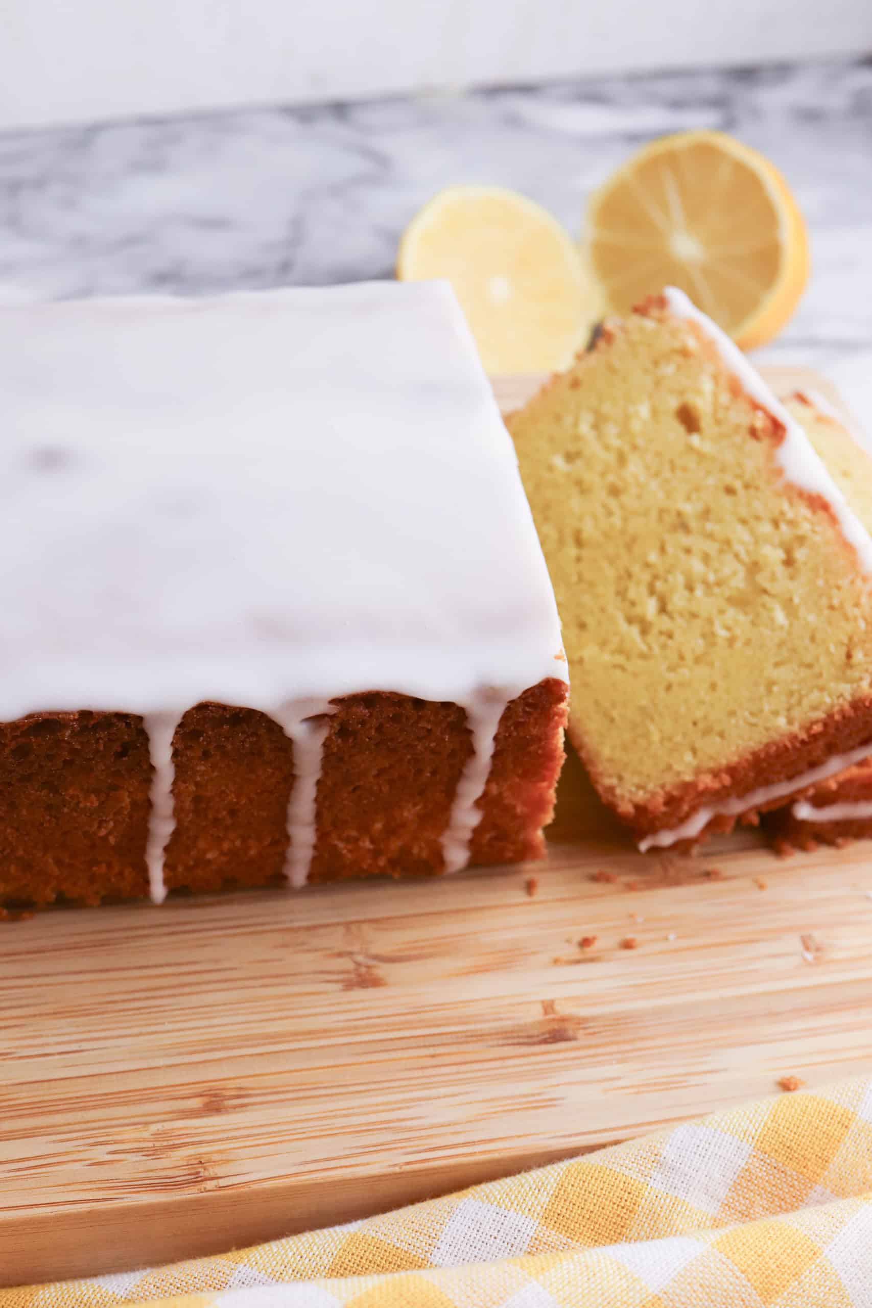 Overhead view of glaze on lemon loaf.