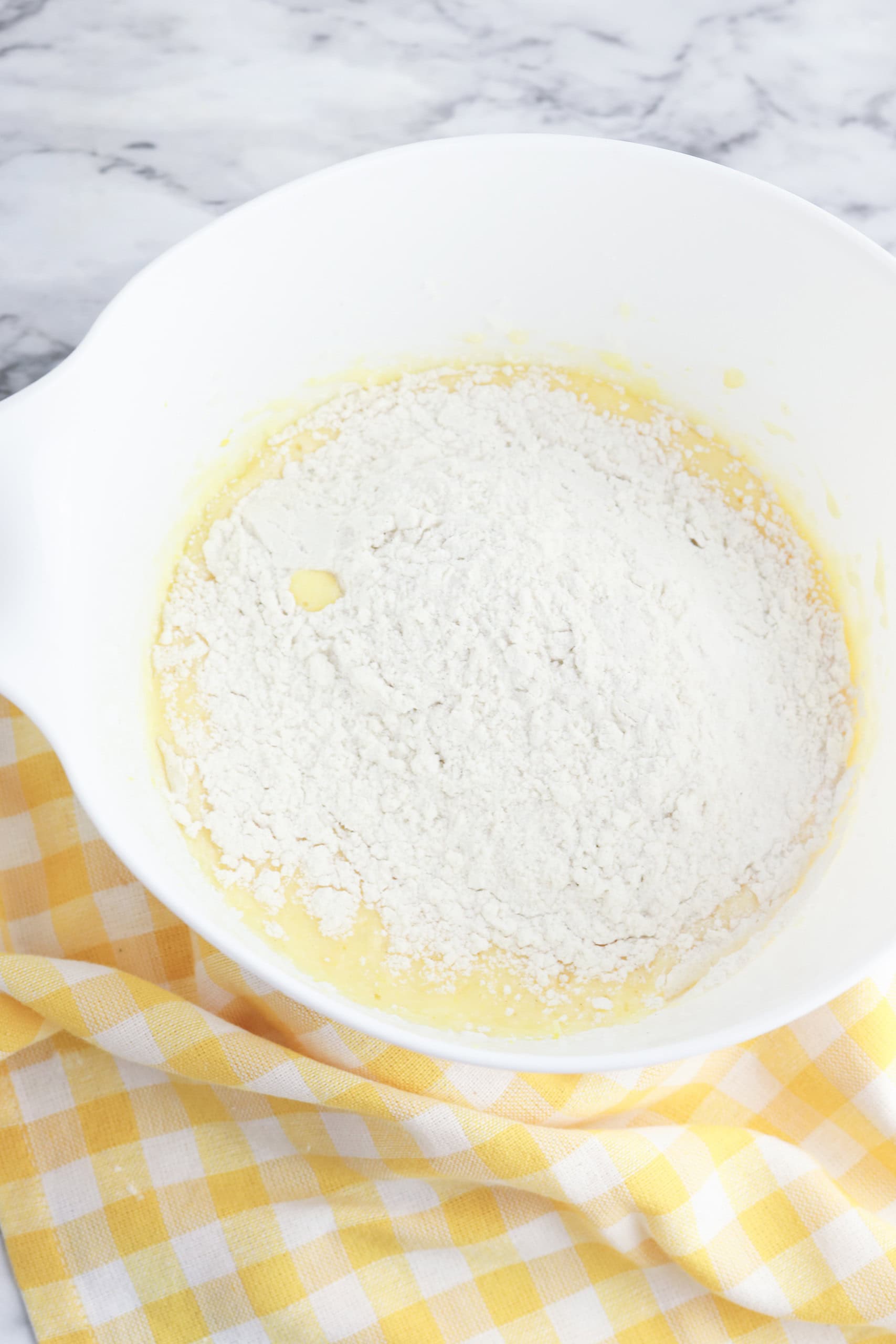 Overhead view on lemon loaf dry ingredients.