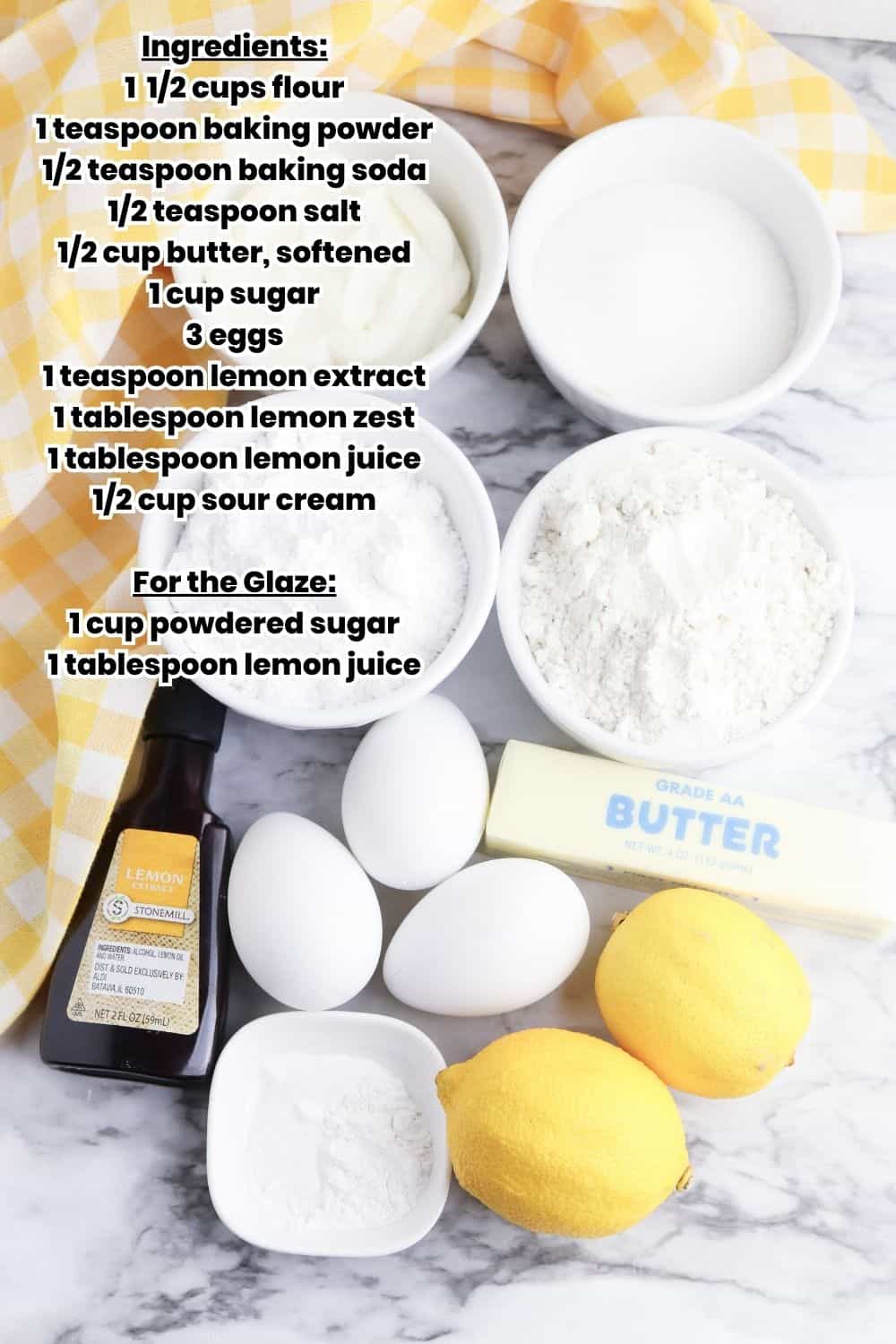 Overhead ingredients of lemon loaf.