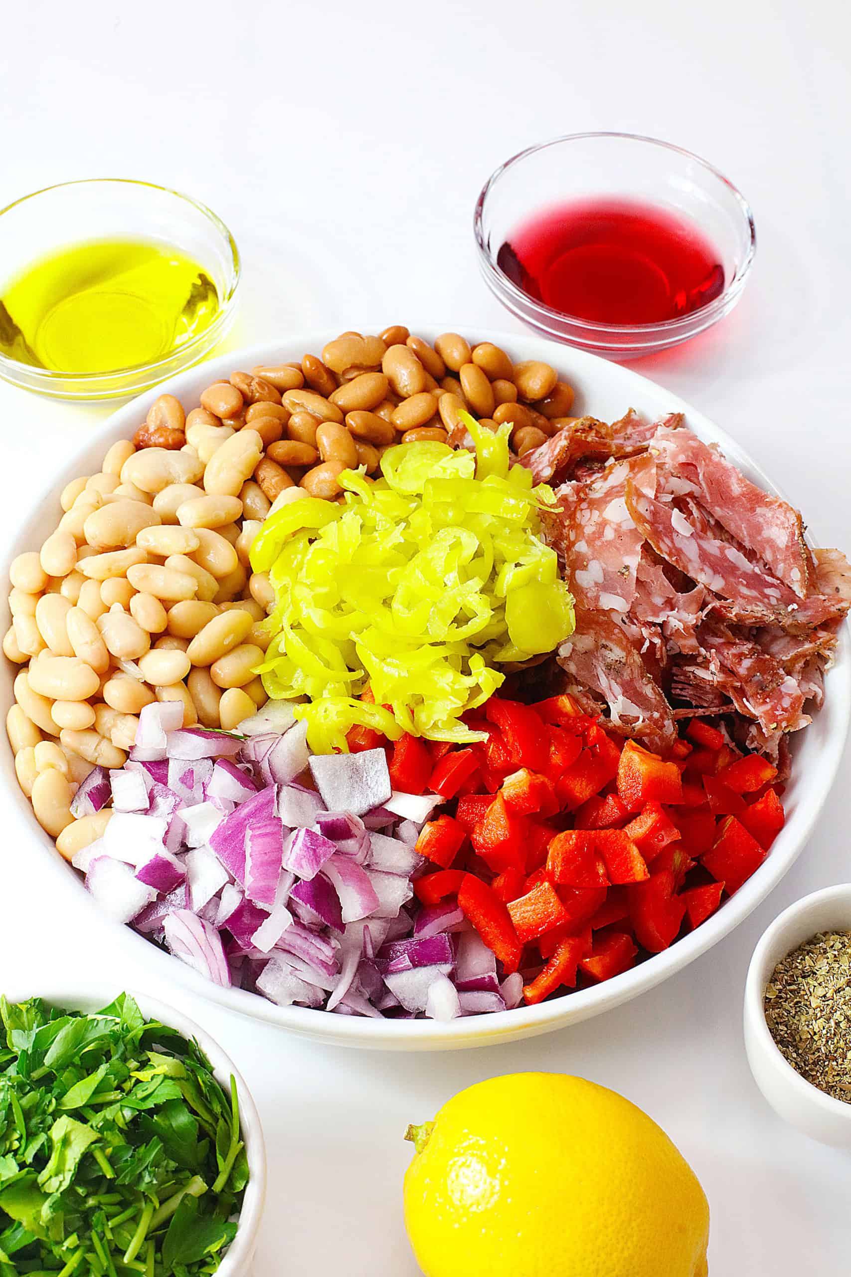 Overhead view of grinder salad ingredients.