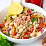 Overhead view of white bean salad.