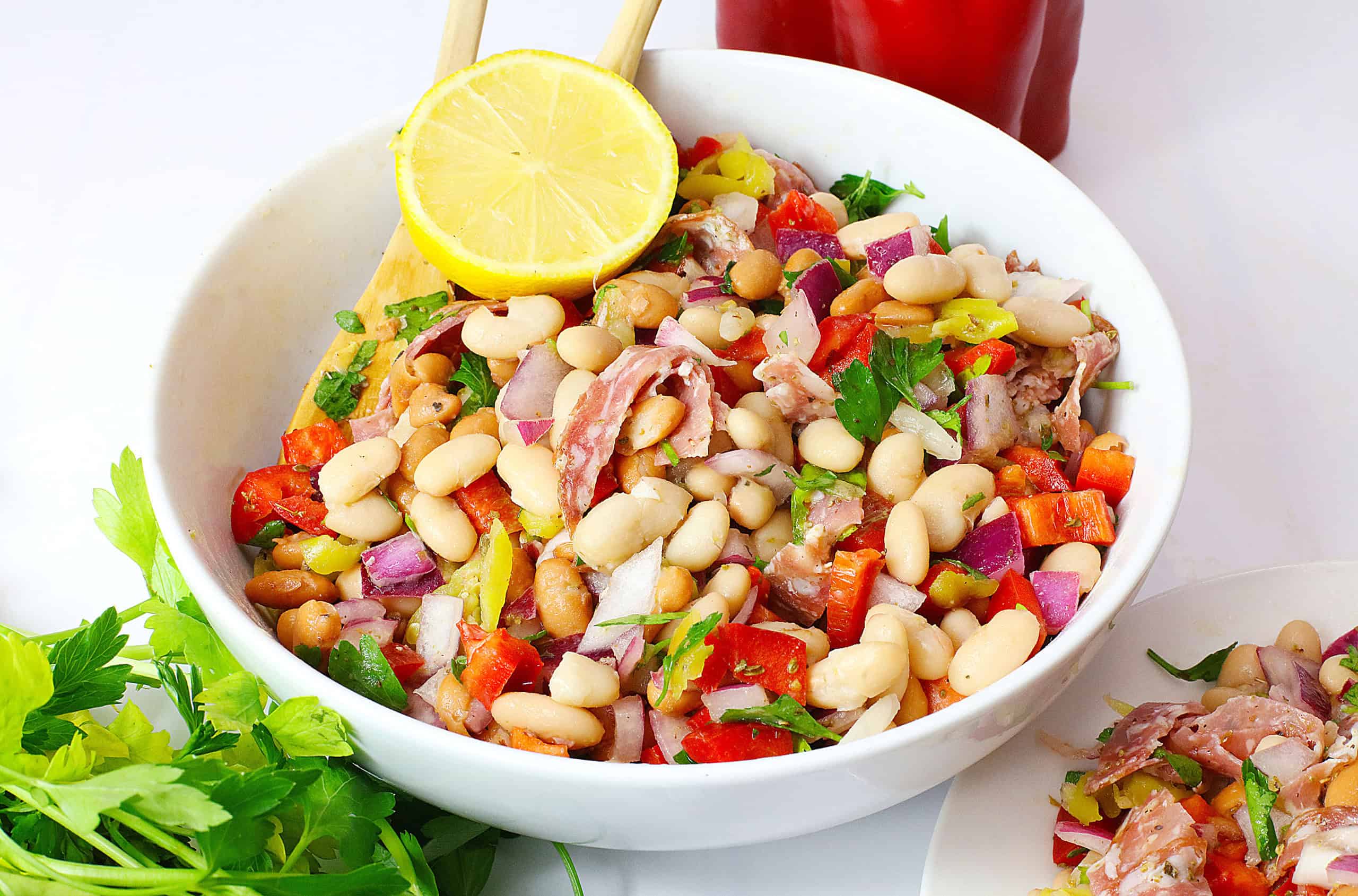 Overhead view of white bean salad.