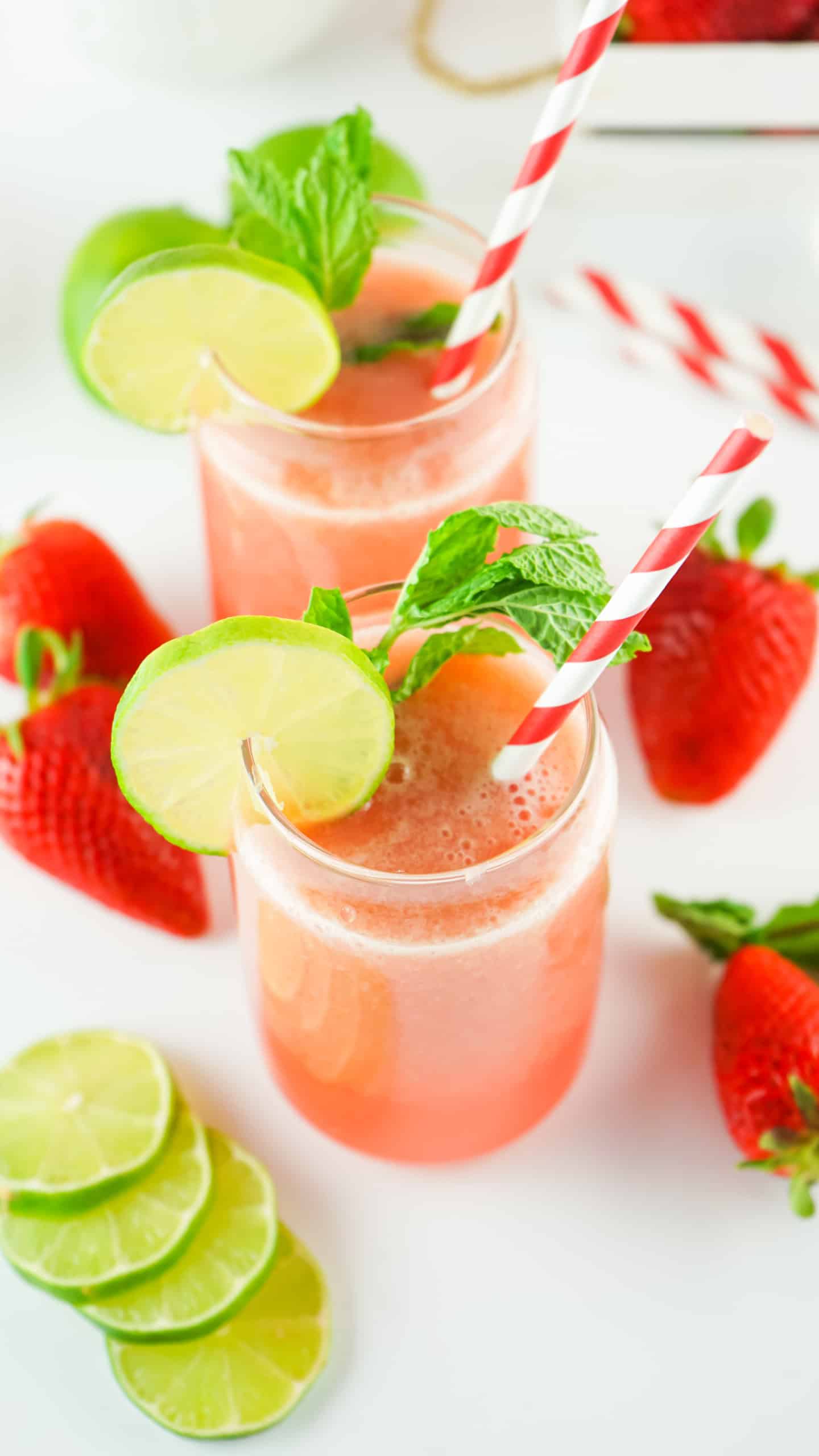 Overhead view of strawberry smoothies.