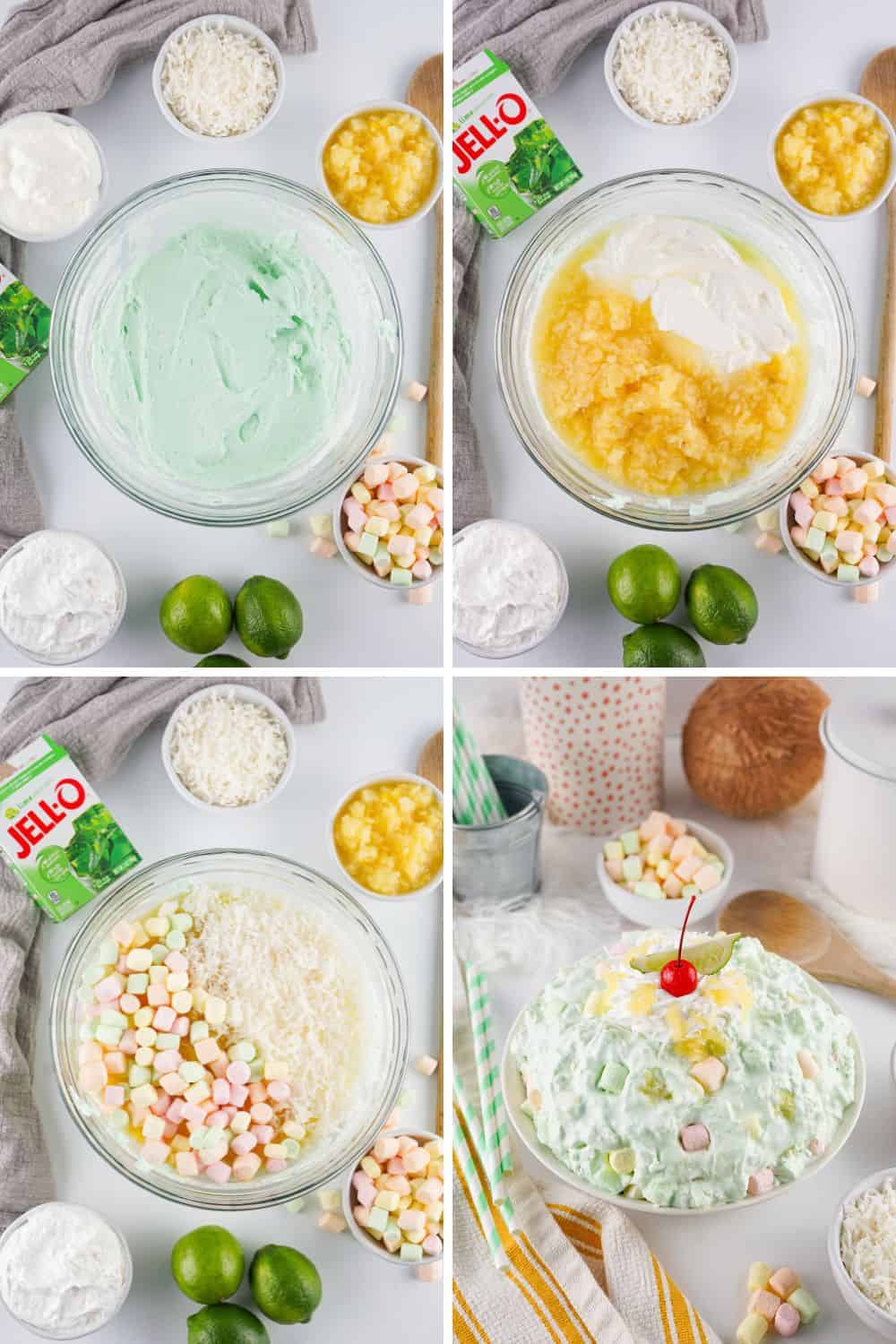 Overhead view of steps to make Lime Jello Salad.