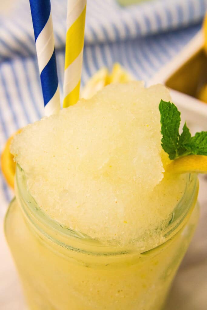 Close-up of the icy, crushed-ice top of a homemade lemonade slushie