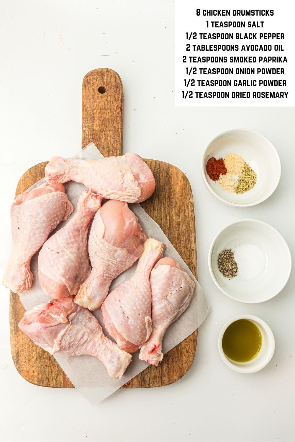 Overhead view of ingredients for air fryer drumsticks.