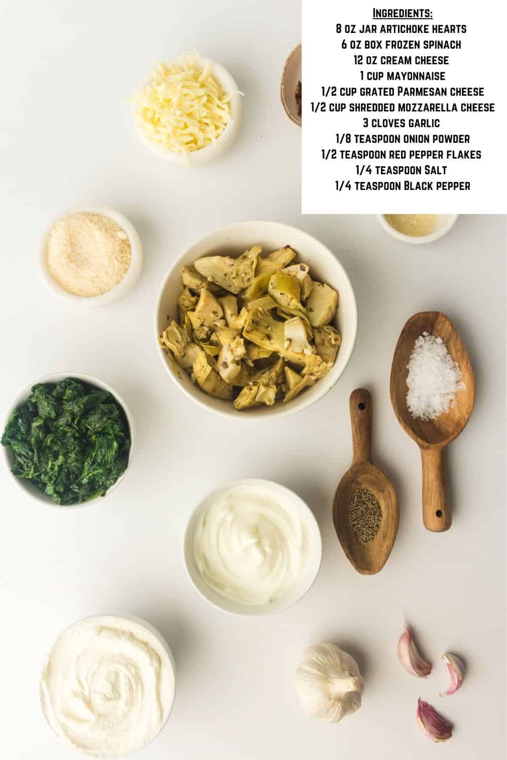 Overhead view of Instant Pot Artichoke Spinach Dip Ingredients.