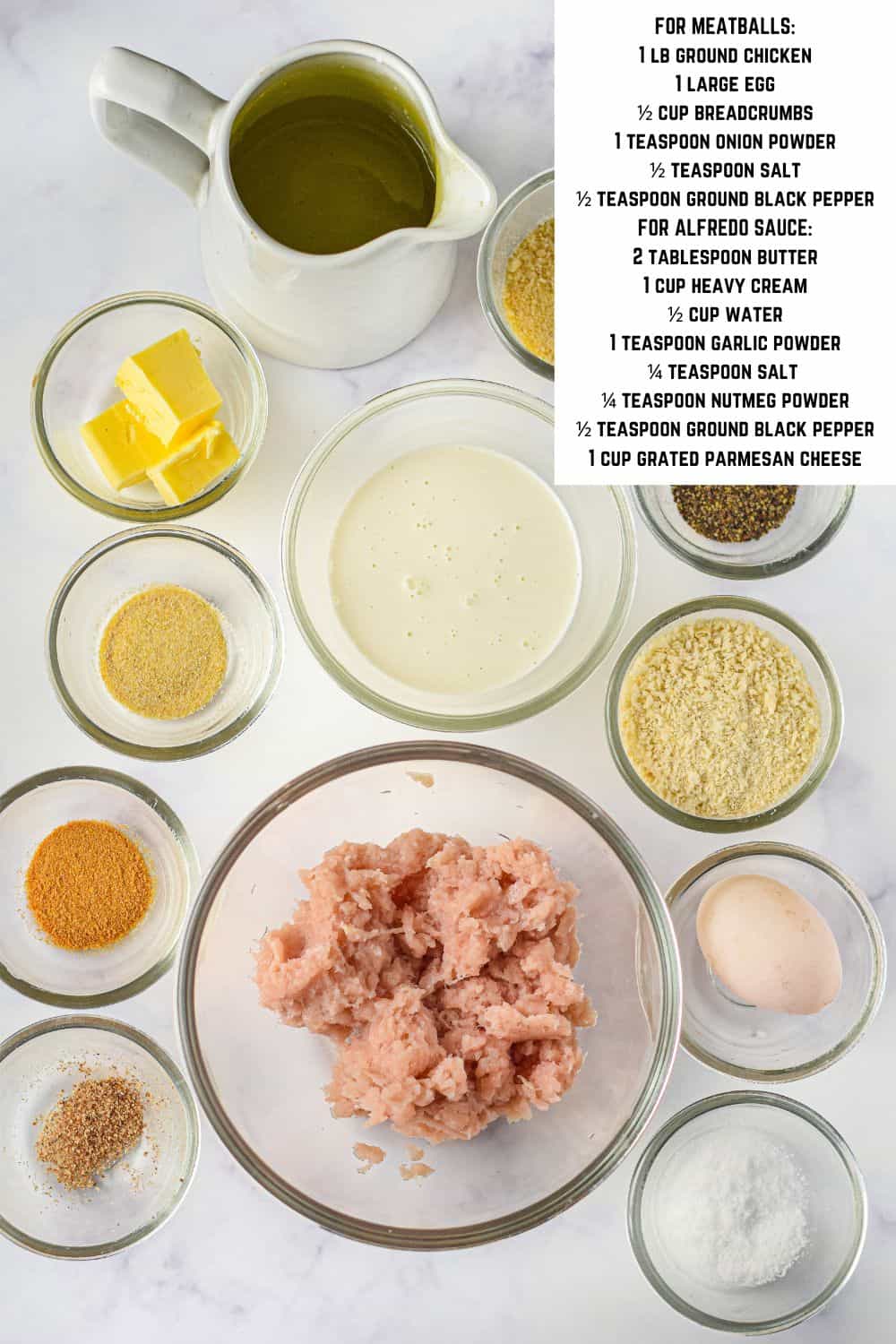 Overhead view of ingredients for Chicken Alfredo Meatballs.