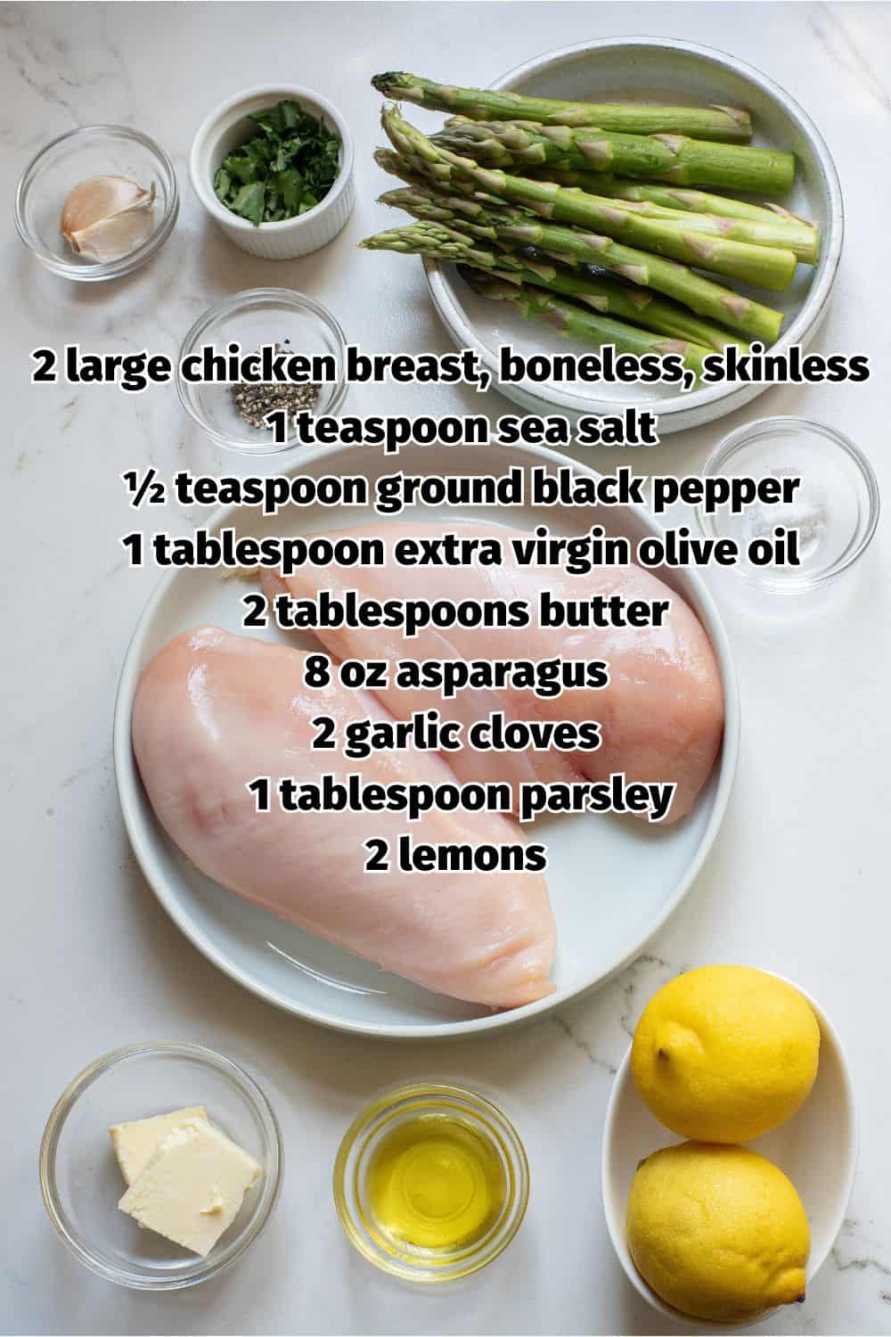 Overhead view of Lemon Chicken and Asparagus Ingredients.