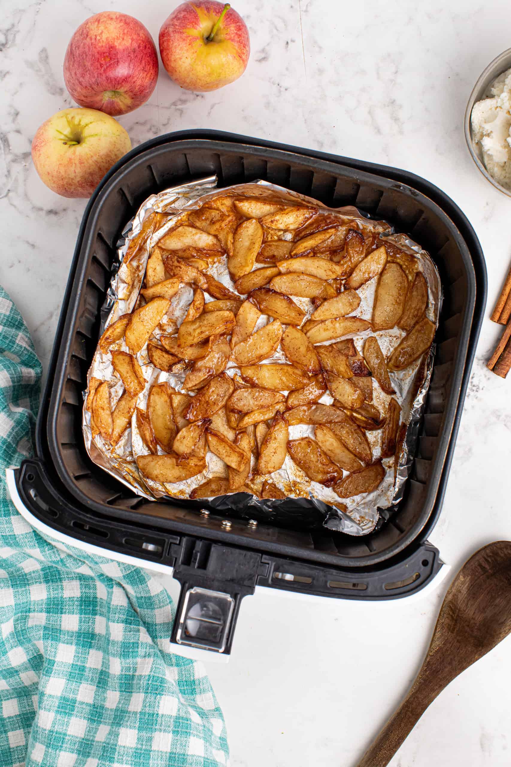 Overhead view of air fried apples.