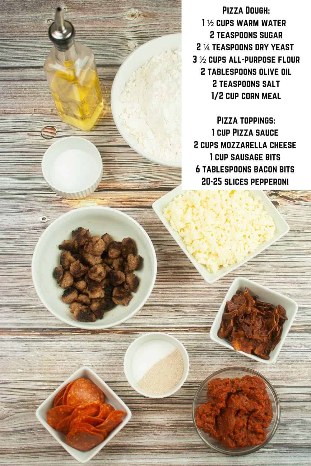 Overhead view of Air Fryer Meat Lover's Pizza Ingredients.