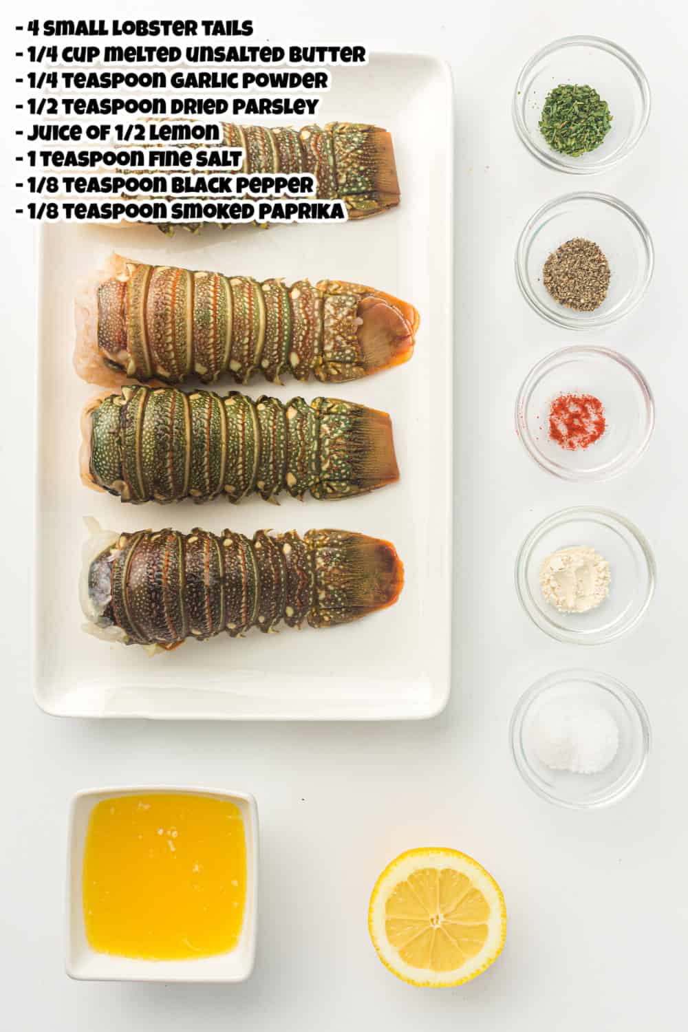 Overhead view of lobster tail ingredients.