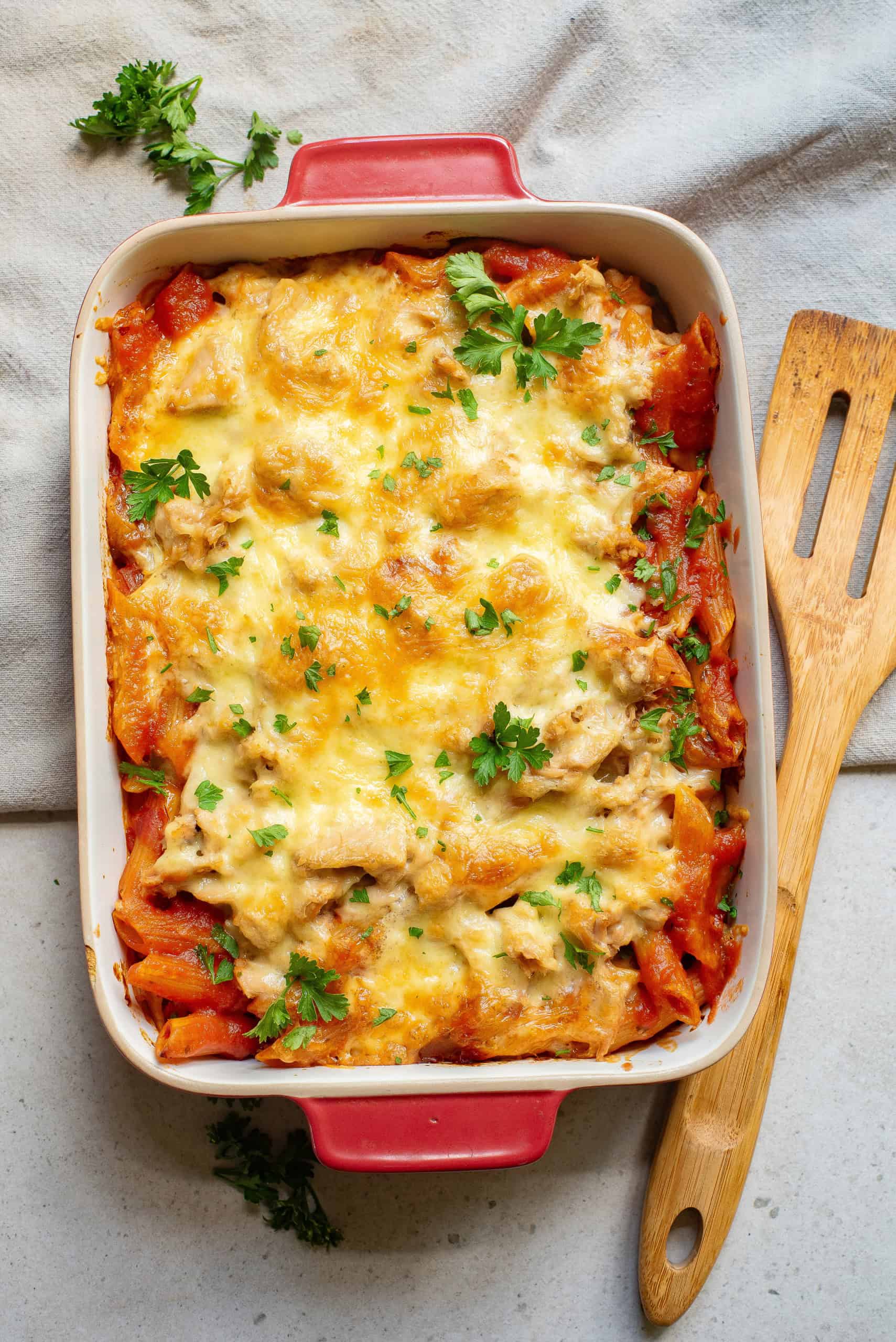 Overhead view of Tuna Pasta Bake.
