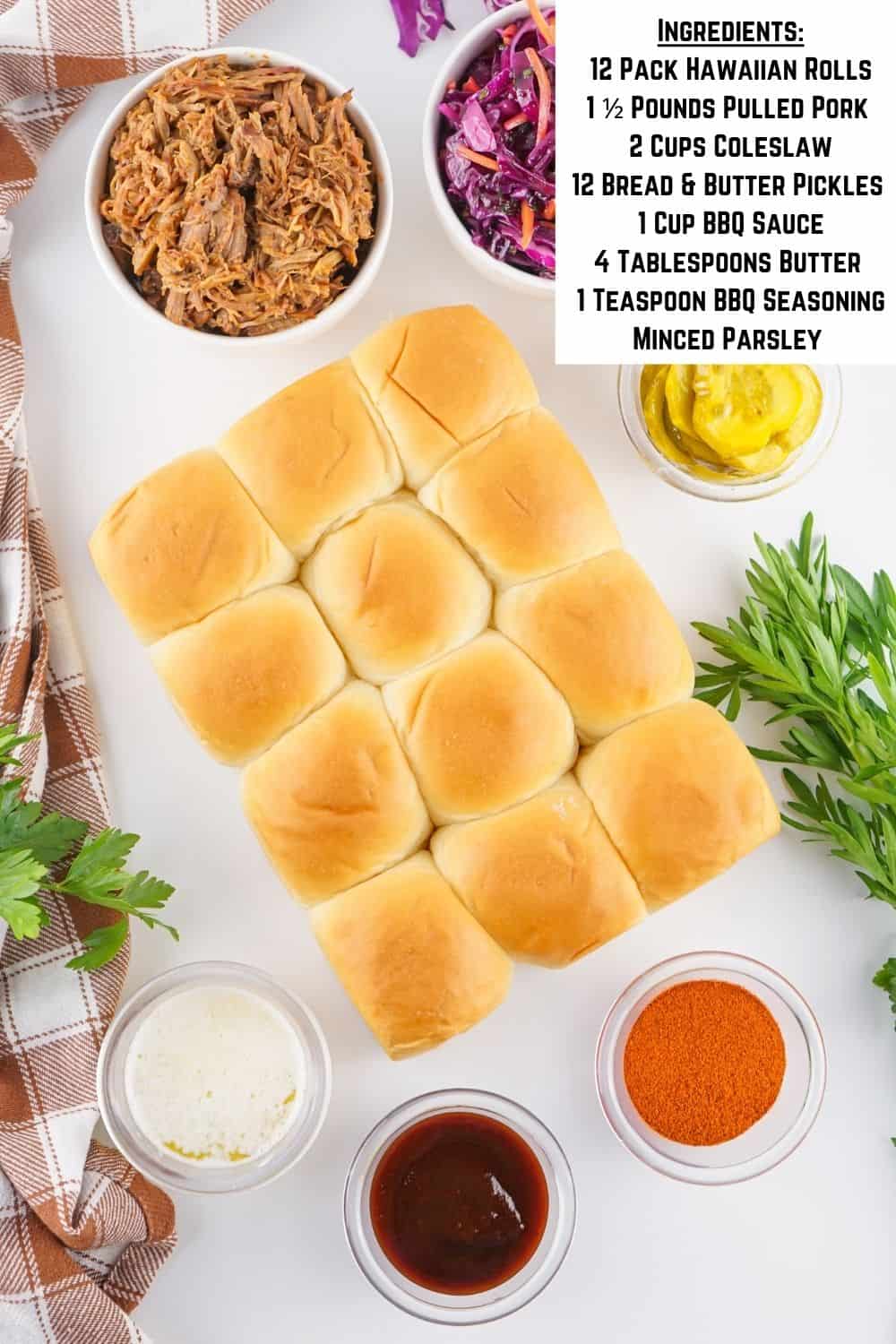 Overhead view of pulled pork slider ingredients.