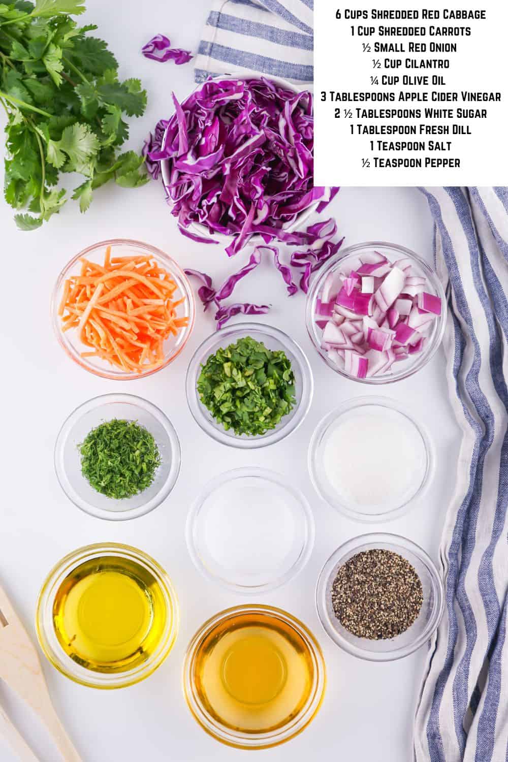 Overhead view of coleslaw with red cabbage ingredients.