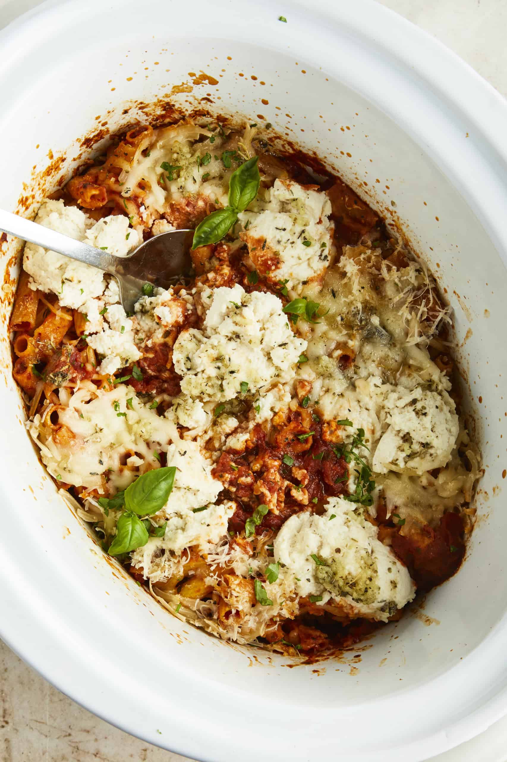 Overhead view of Crockpot Rigatoni with Garlic Butter.