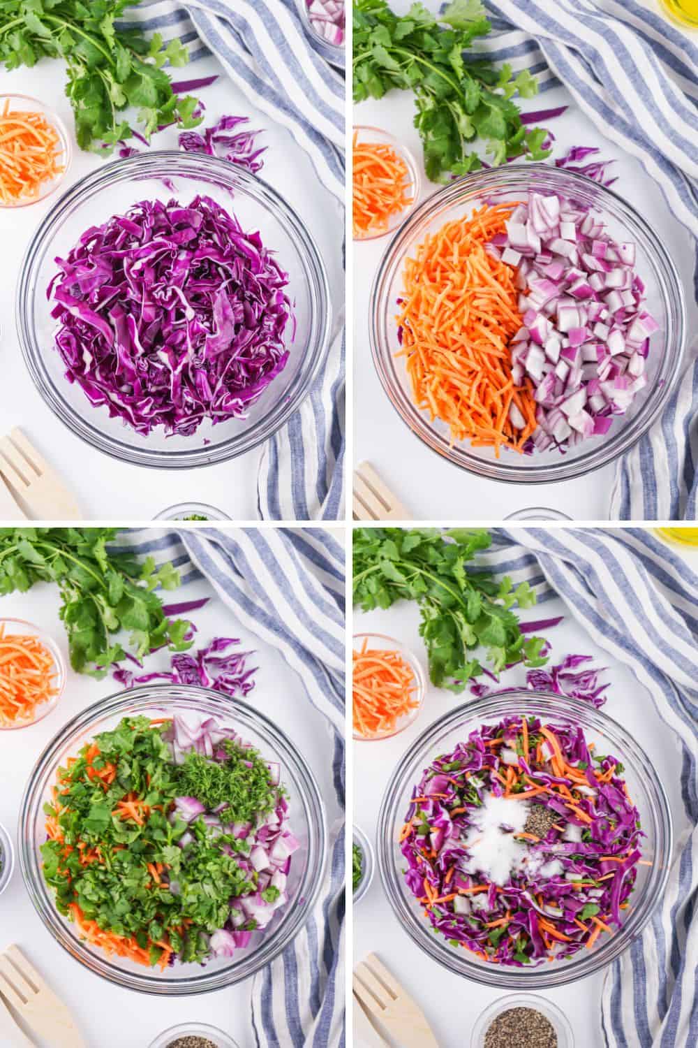 Steps to make coleslaw with red cabbage.