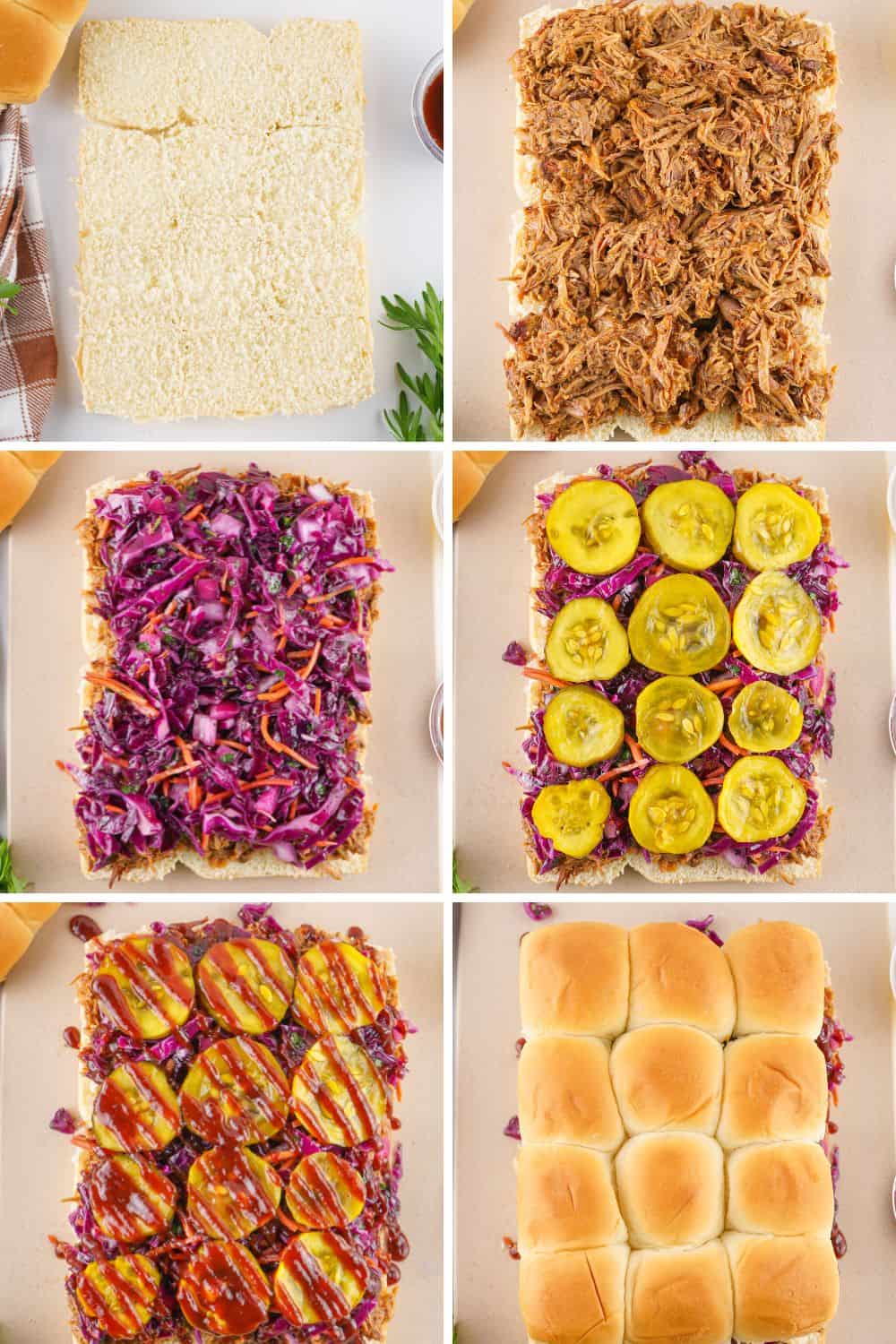 Overhead view of steps to make pulled pork sliders.