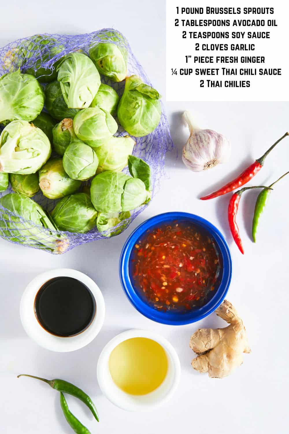 Overhead view of ingredients for Sweet Chili Brussels Sprouts cooked in the air fryer.