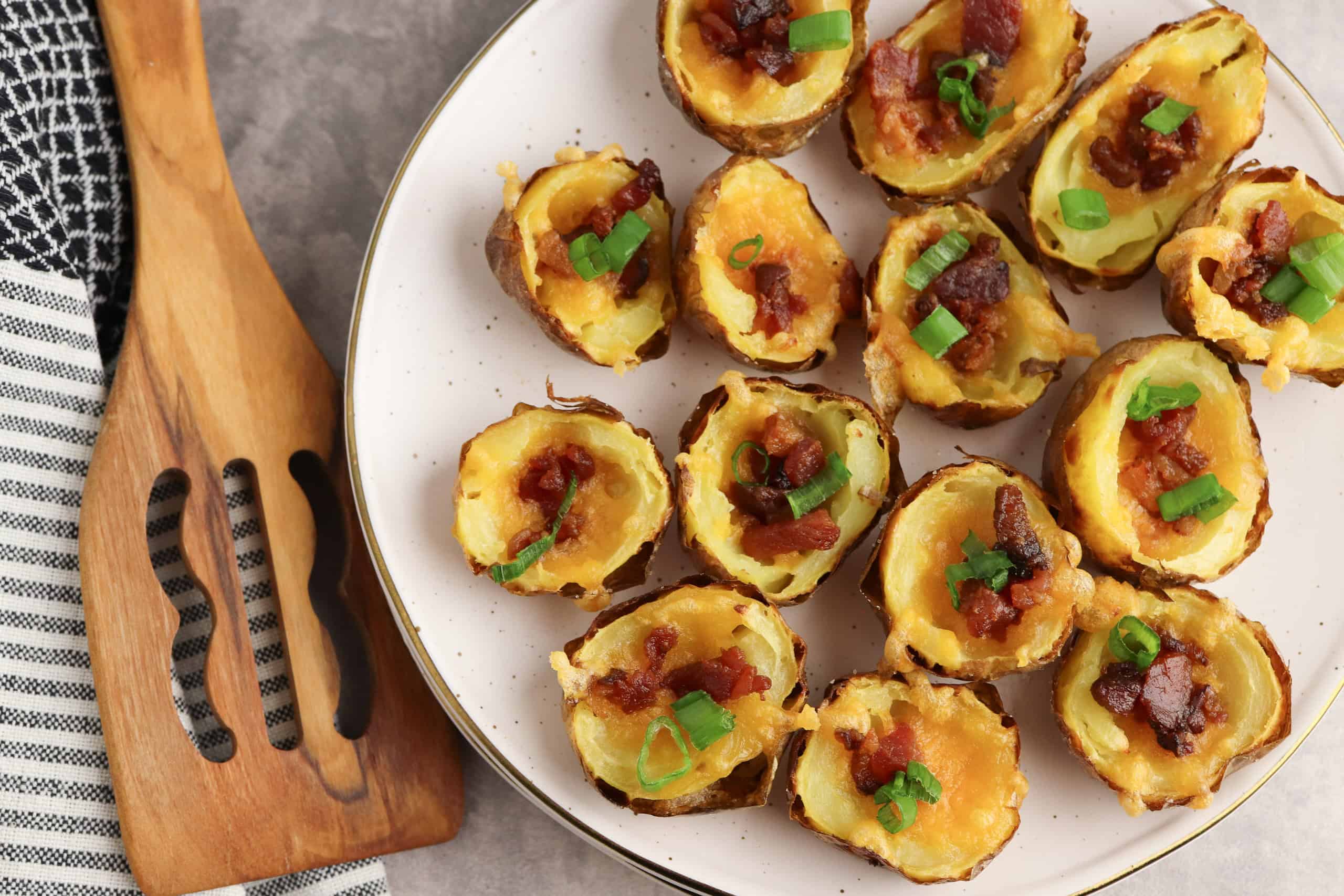 Overhead view of bacon cheese potato skins.