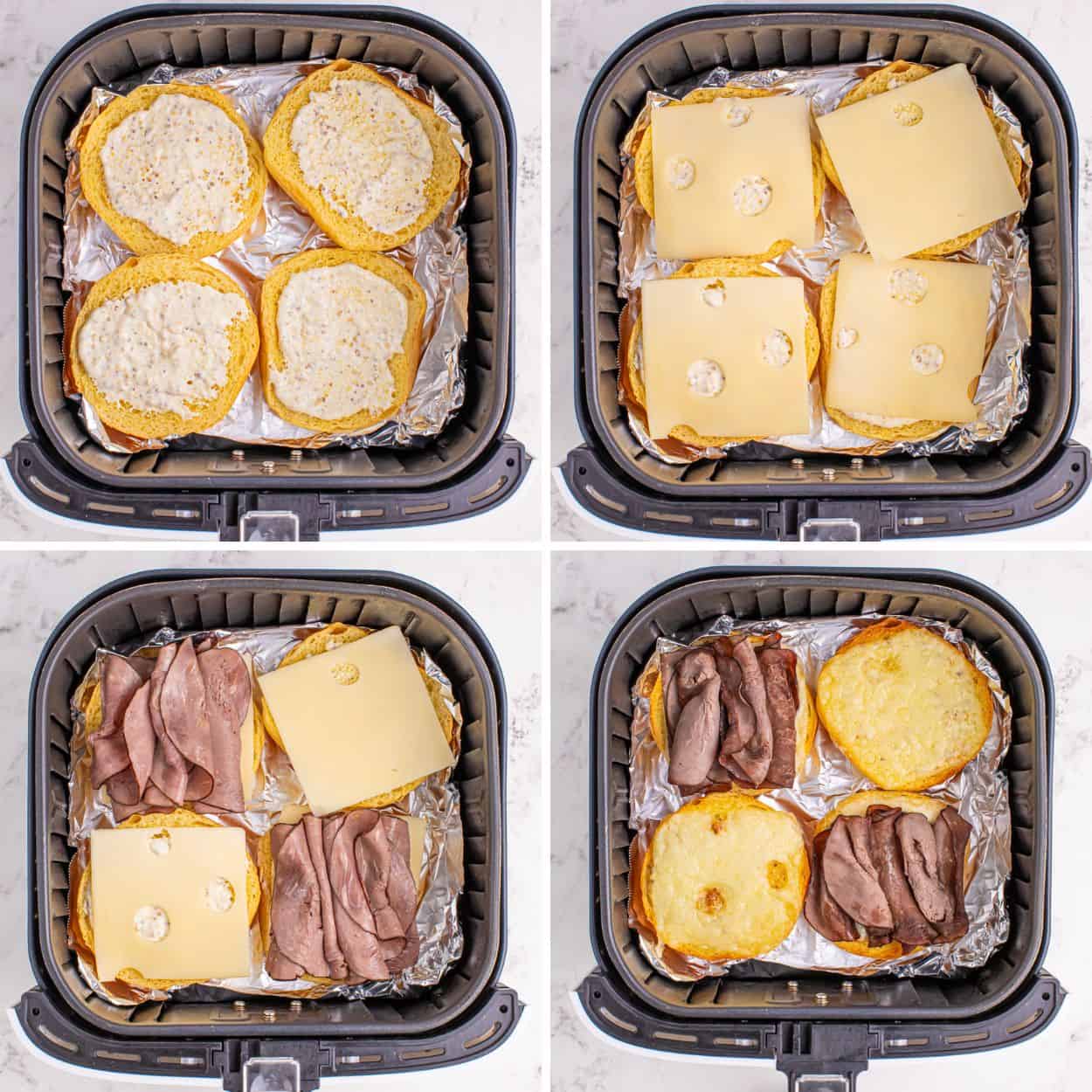 Overhead view of process steps for Air Fryer Roast Beef Sandwiches.