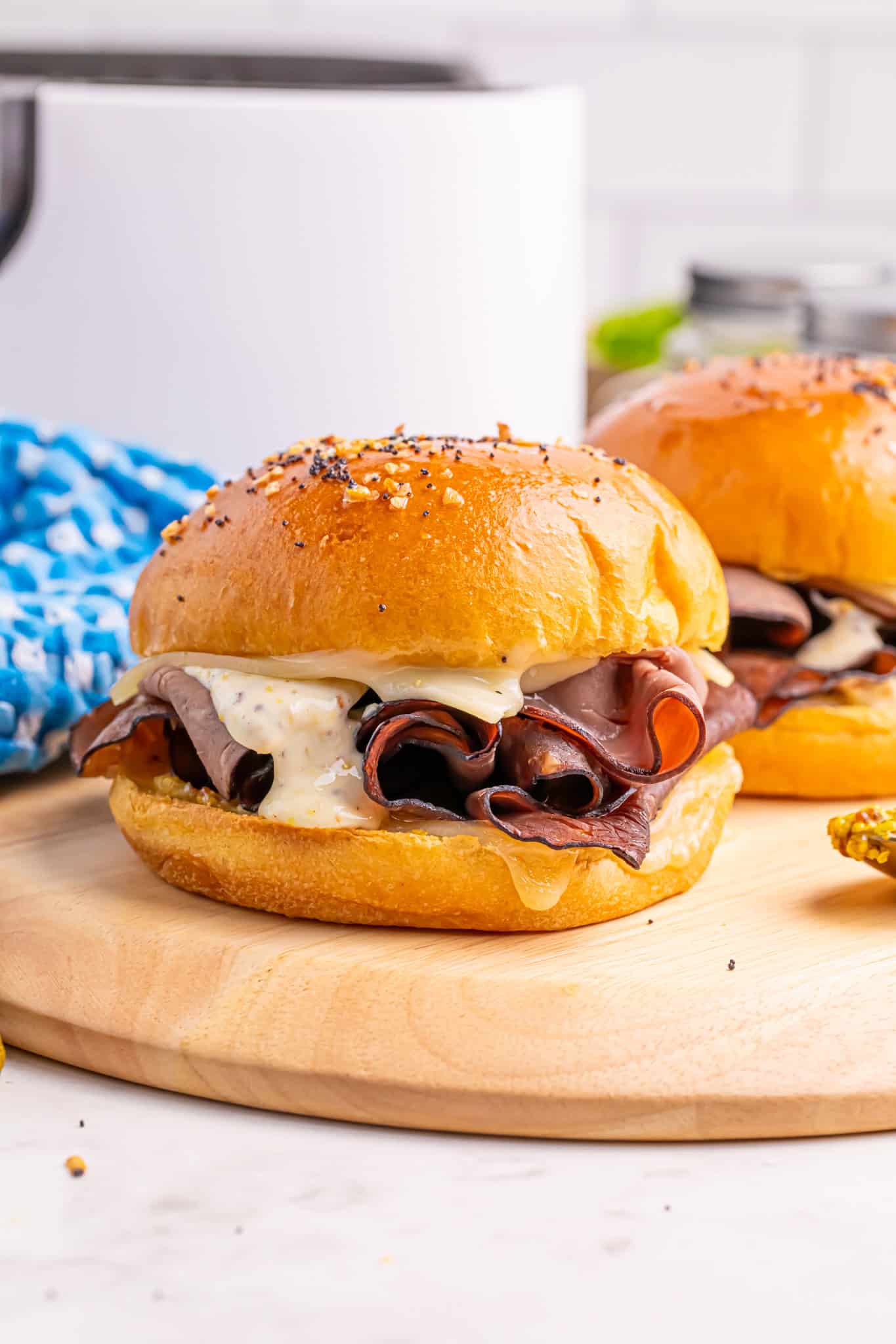 Head on view of Air Fryer Swiss Beef Sandwiches.