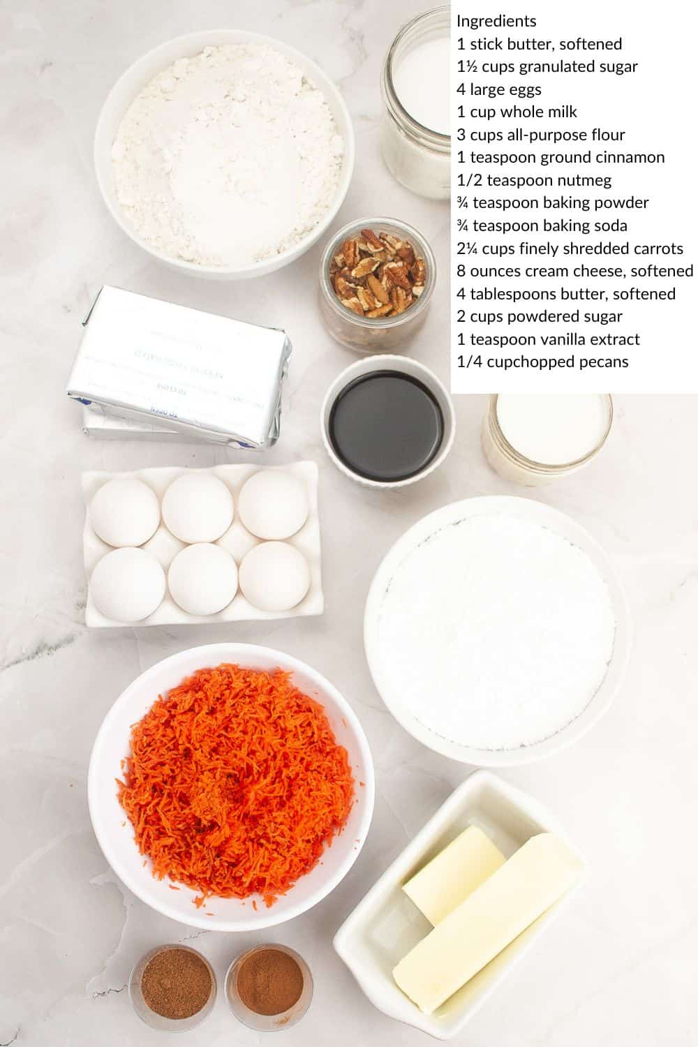 Overhead view of ingredientrs for Carrot Cake Bundt Cake.