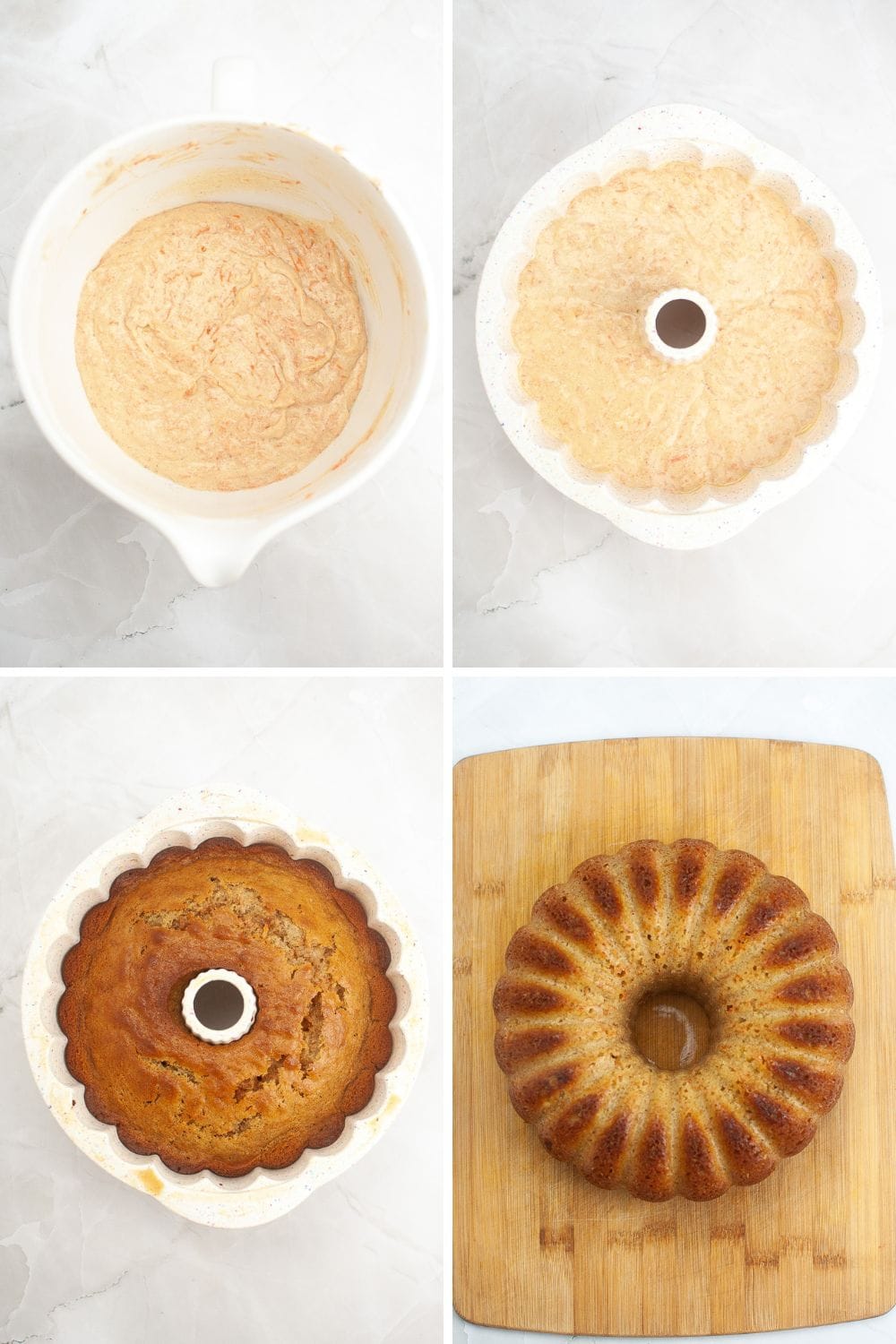 Overhead view of steps to make Carrot Cake Bundt Cake.
