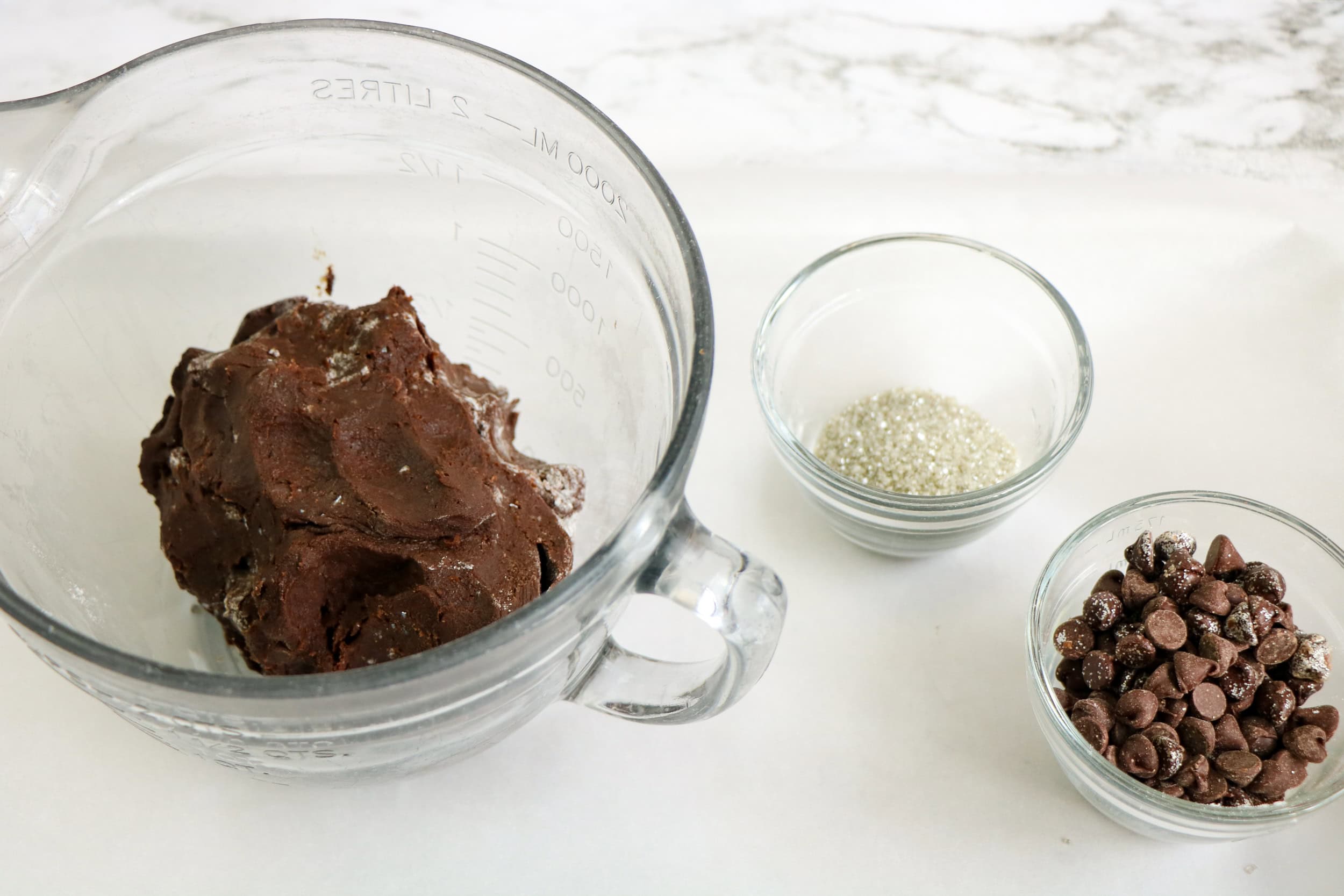 Overhead view of Galaxy Cookie Dough in a glass bowl.