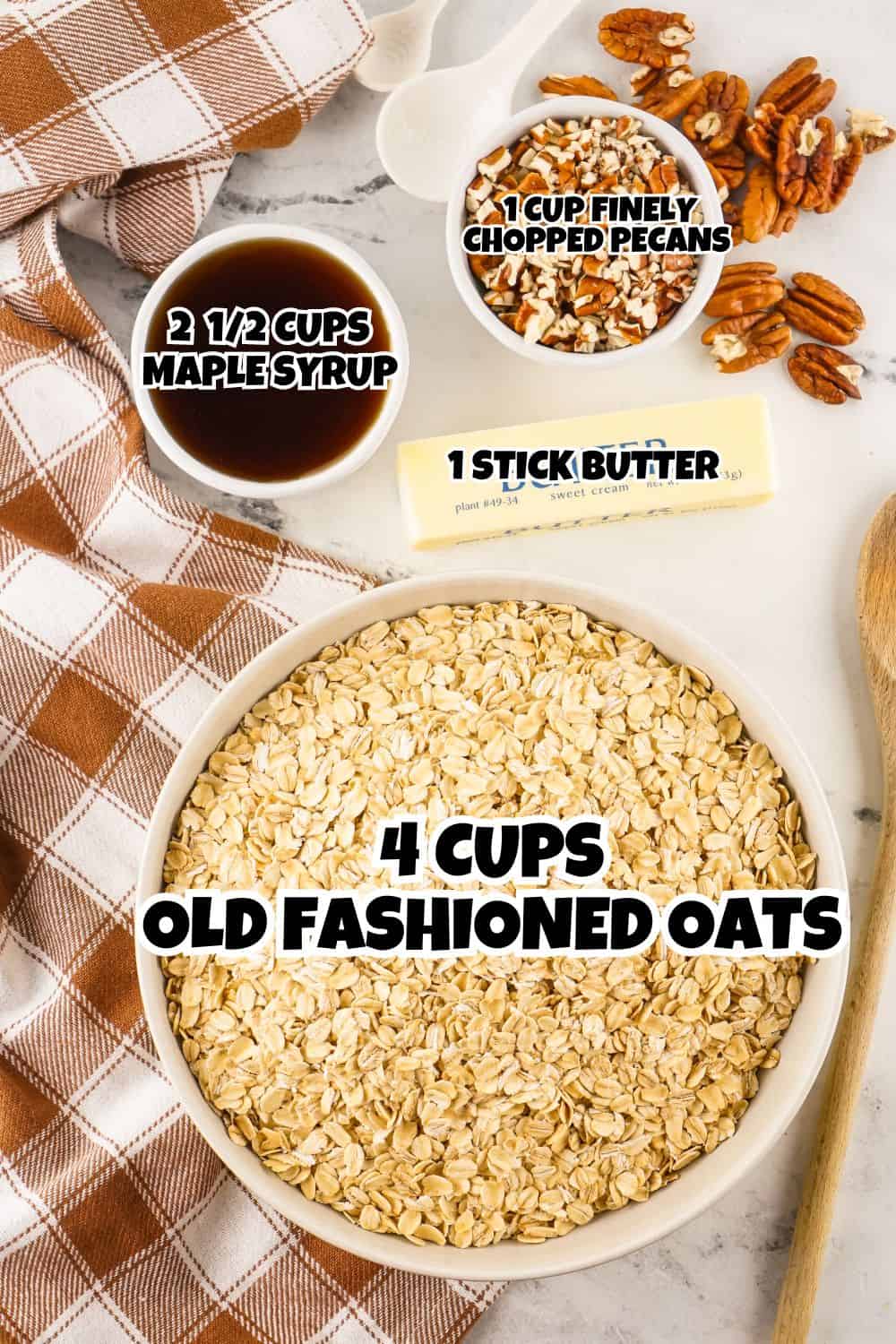 Overhead view of No Bake Maple Pecan Cookies Ingredients.