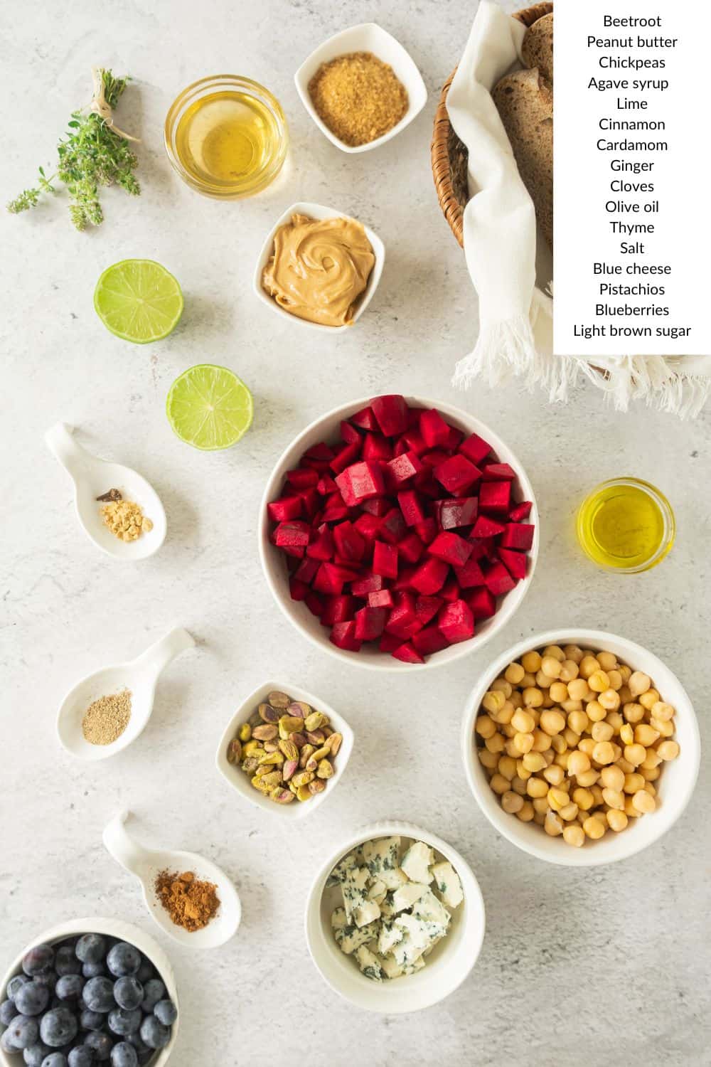 Overhead view of beetroot hummus toast ingredients.
