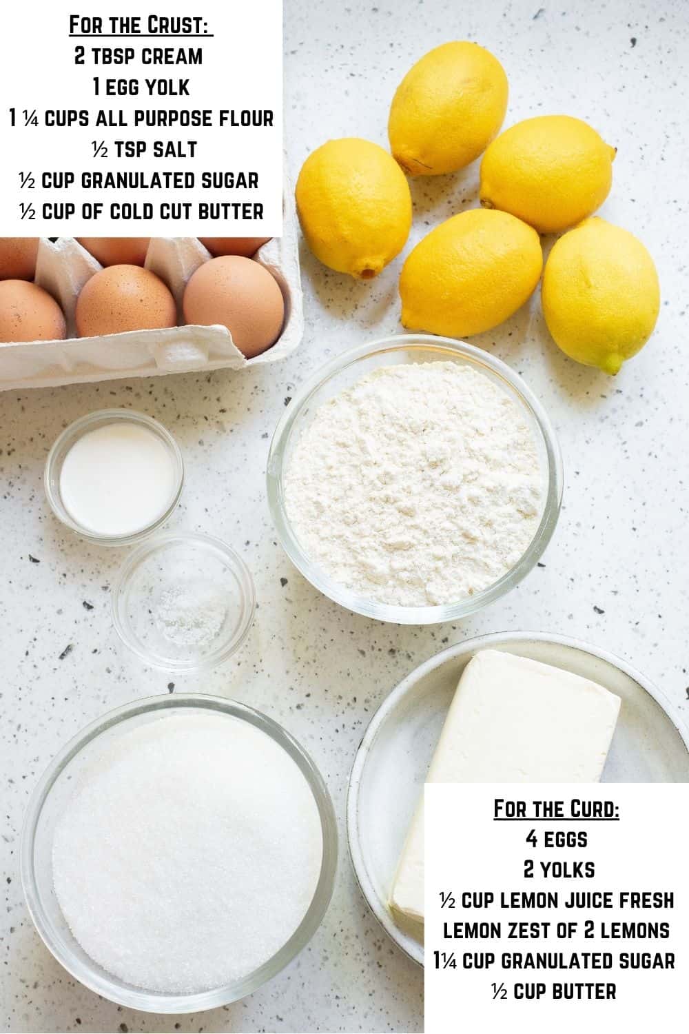 Overhead view of lemon tart ingredients.