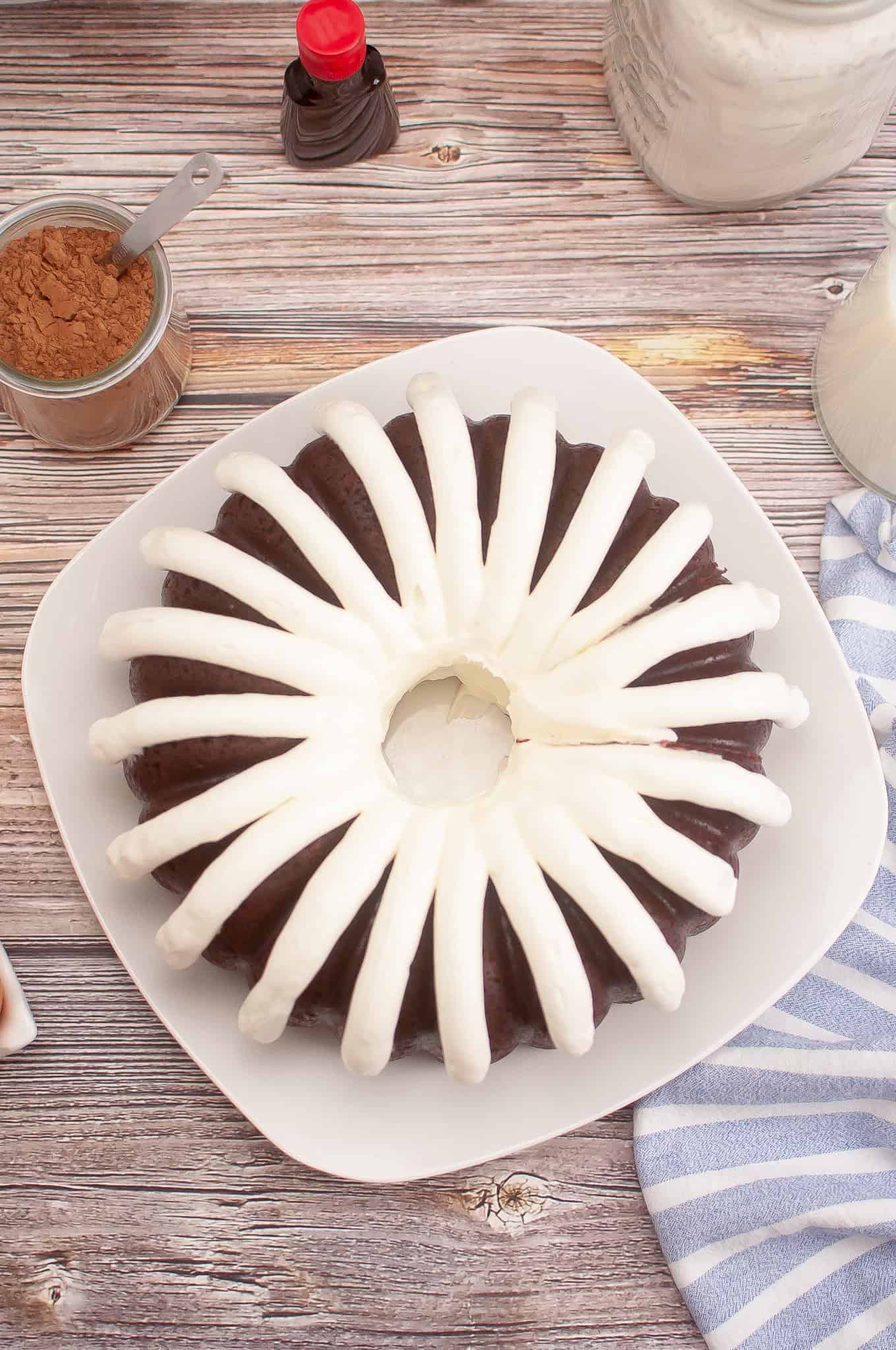 Overhead view of red velvet nothing-bundt-cake.