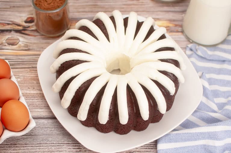 Red Velvet Nothing-Bundt-Cake on a white plate.