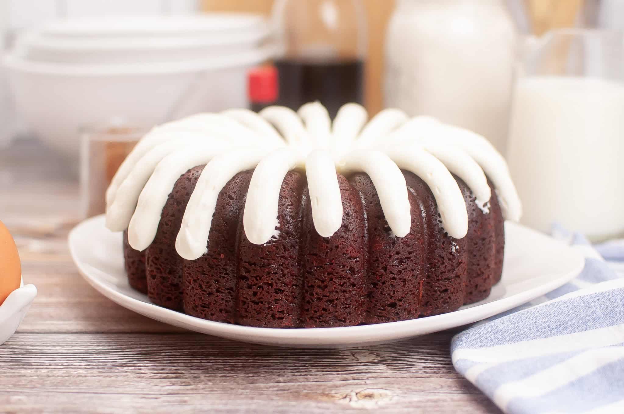Side view of red velvet nothing-bundt-cake.