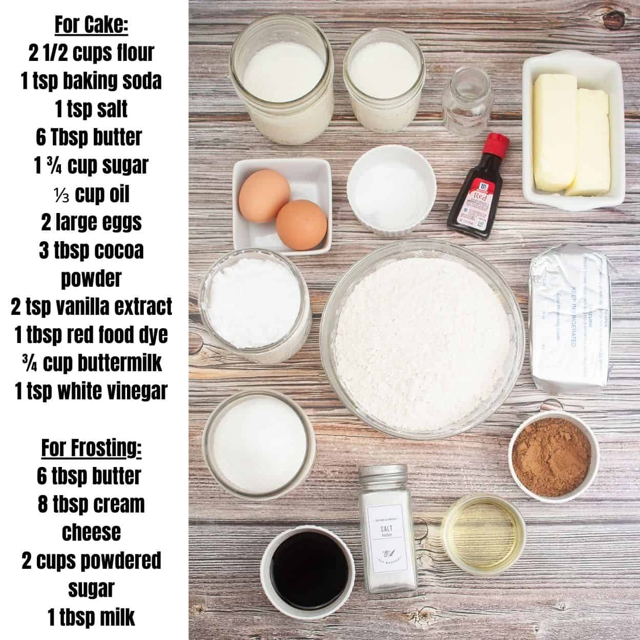 Overhead view of ingredients for red vevlet bundt cake.