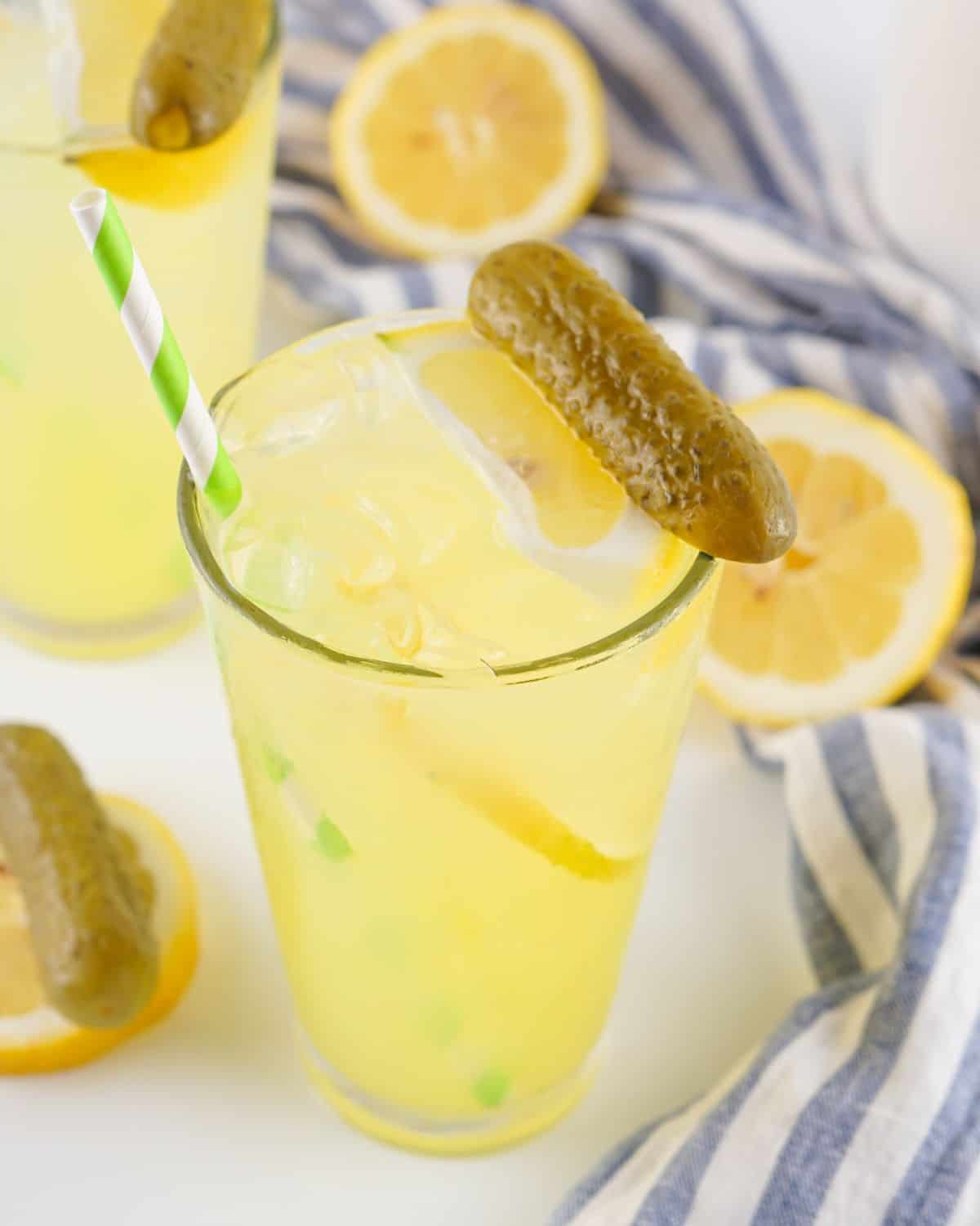 dill pickle lemonade with dill pickle garnish