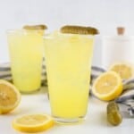 Headon photo of lemonade made with pickle juice.