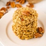 No-bake maple pecan cookies on a white plate.