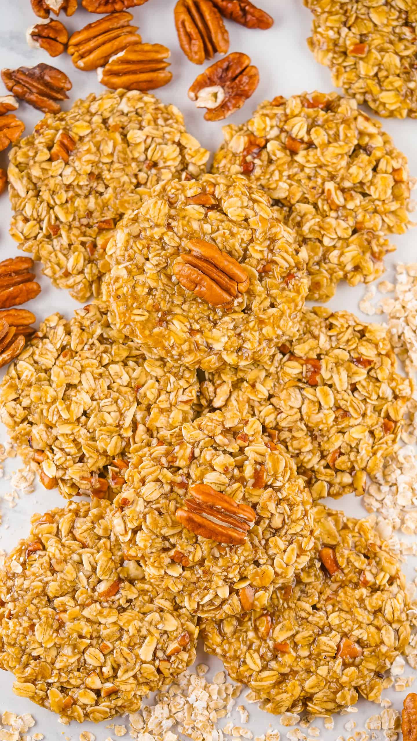 Overhead view of No-bake maple pecan cookies.