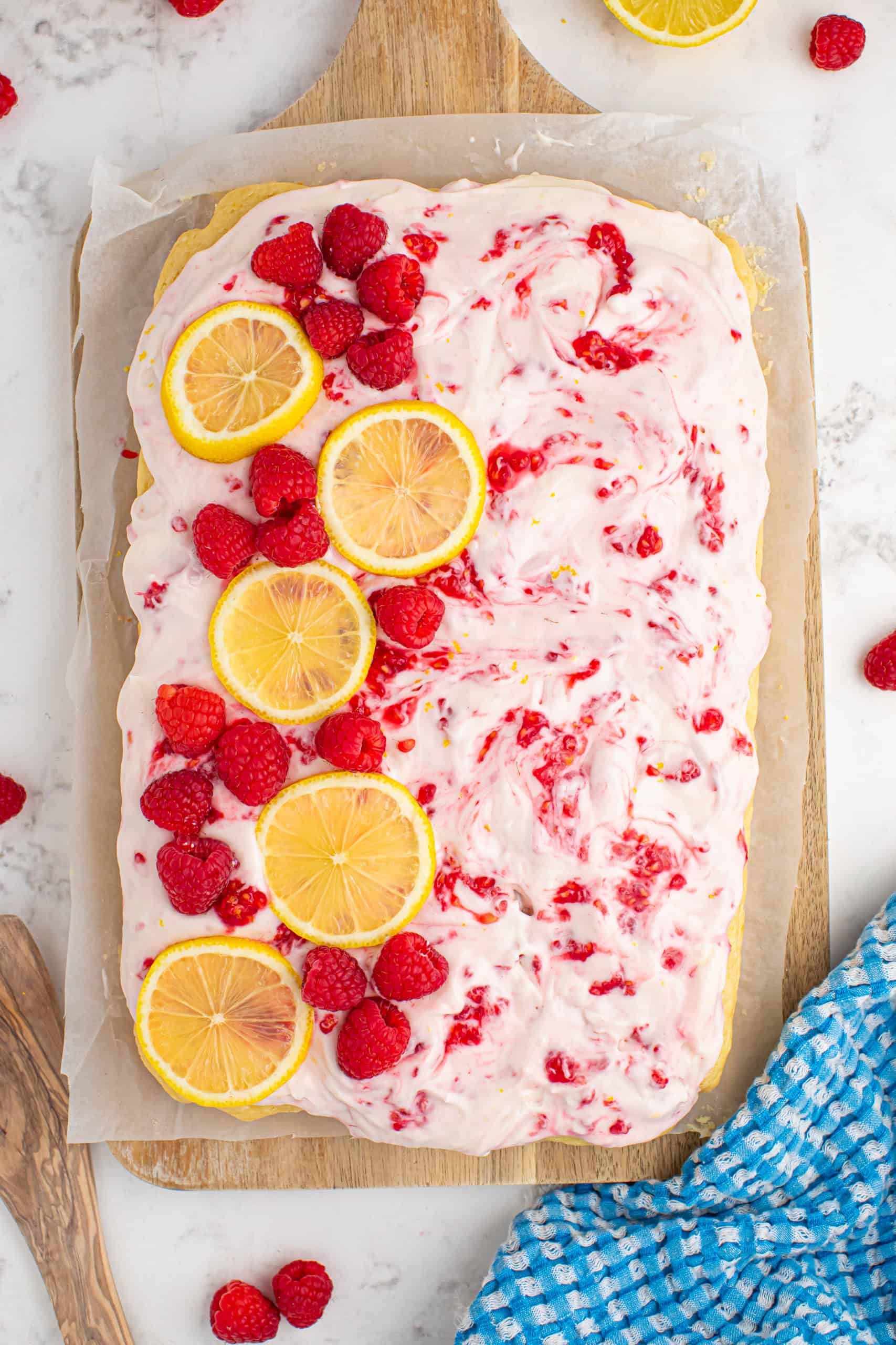 Overhead view of easy lemon raspberry cake.