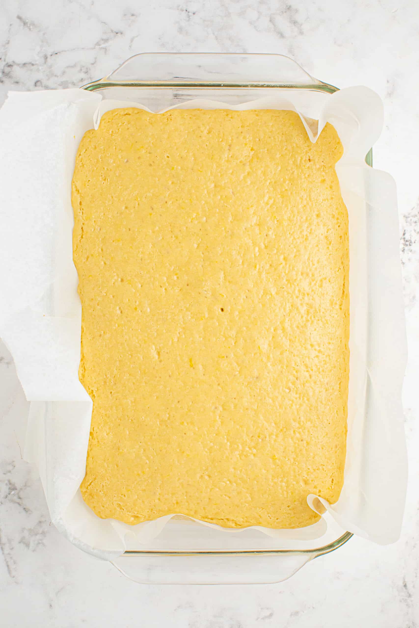 Overhead view of baked cake.