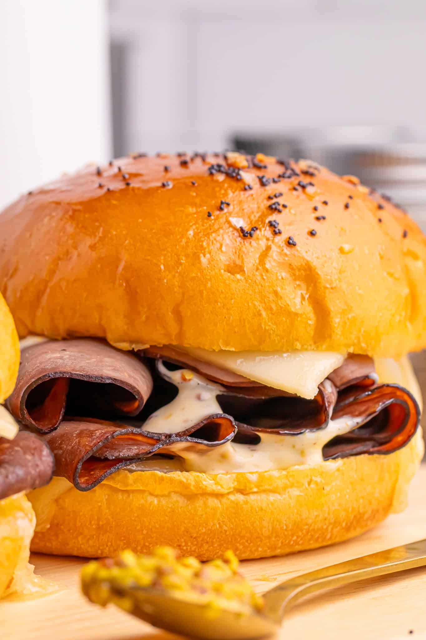 Closeup of Air Fryer Swiss Beef Sandwich.